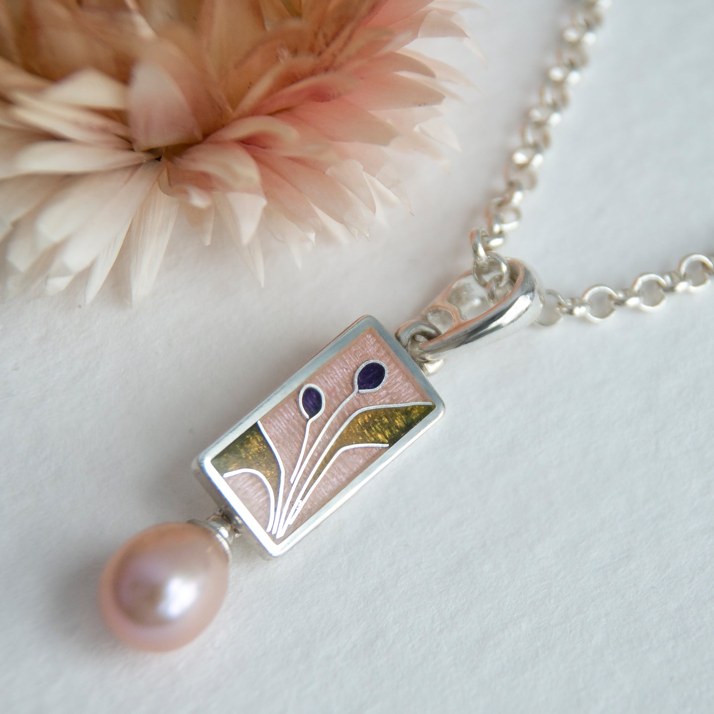 Pink Cloisonne Enamel Necklace With Rose Pearl