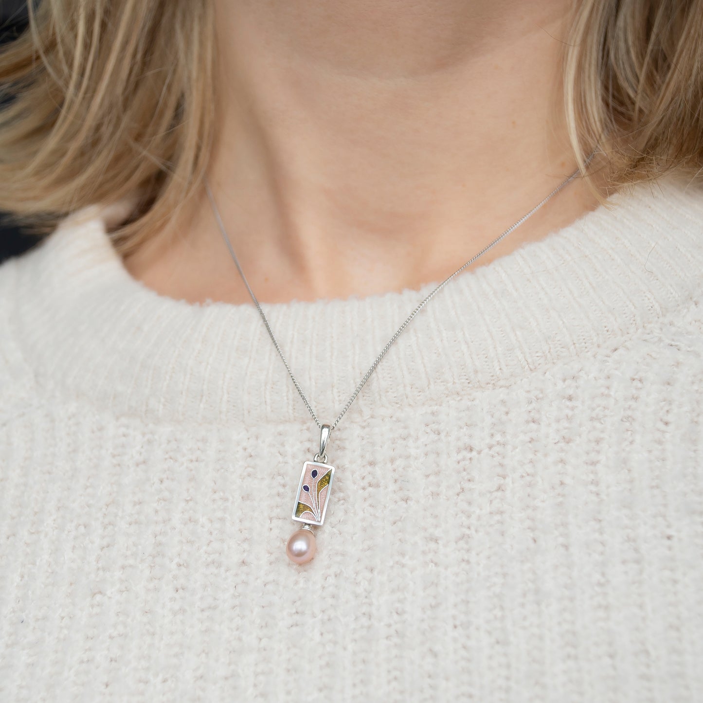 Pink Cloisonne Enamel Necklace With Rose Pearl