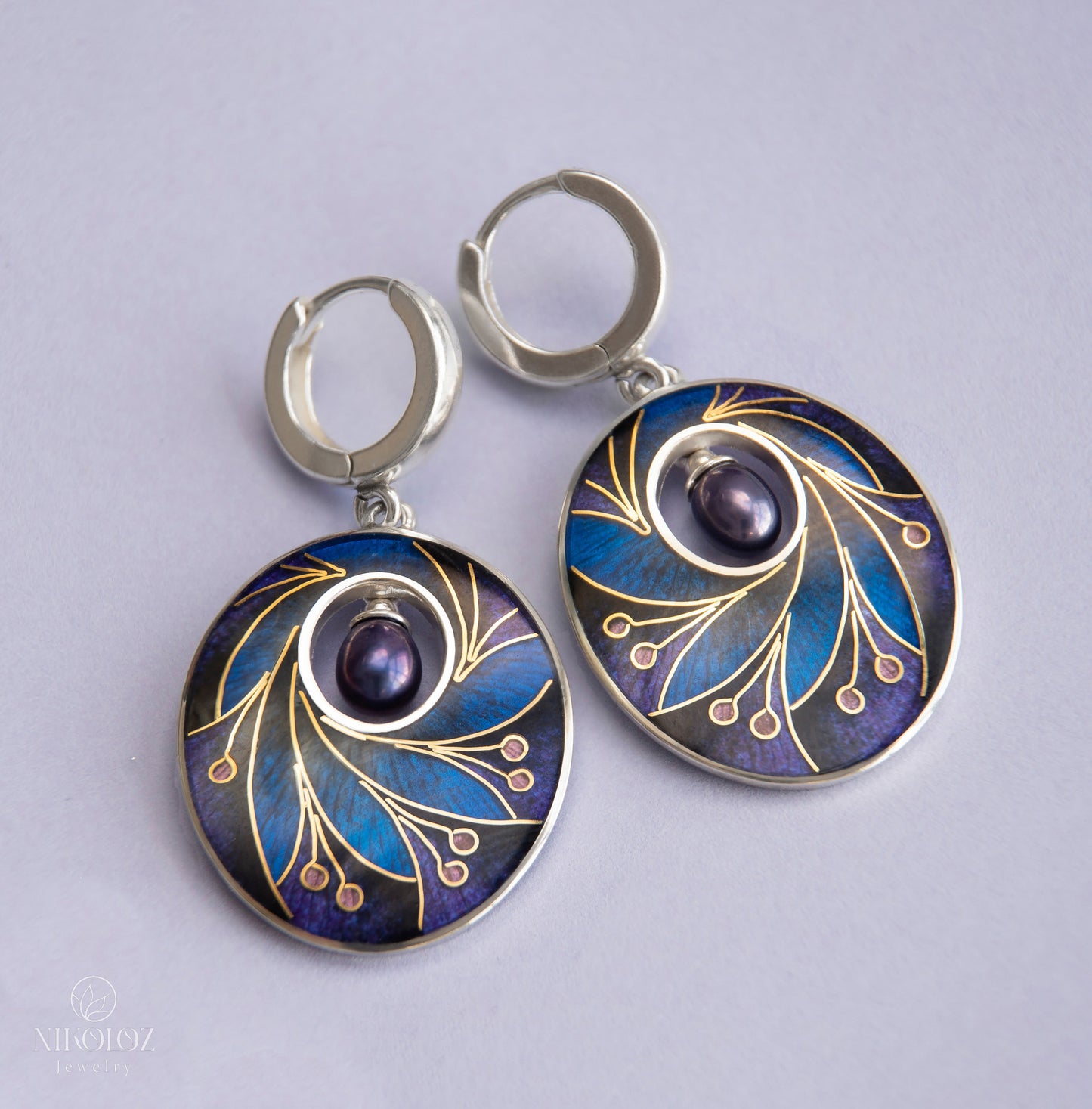 Dark Cloisonné Enamel Earrings With Peacock Pearls