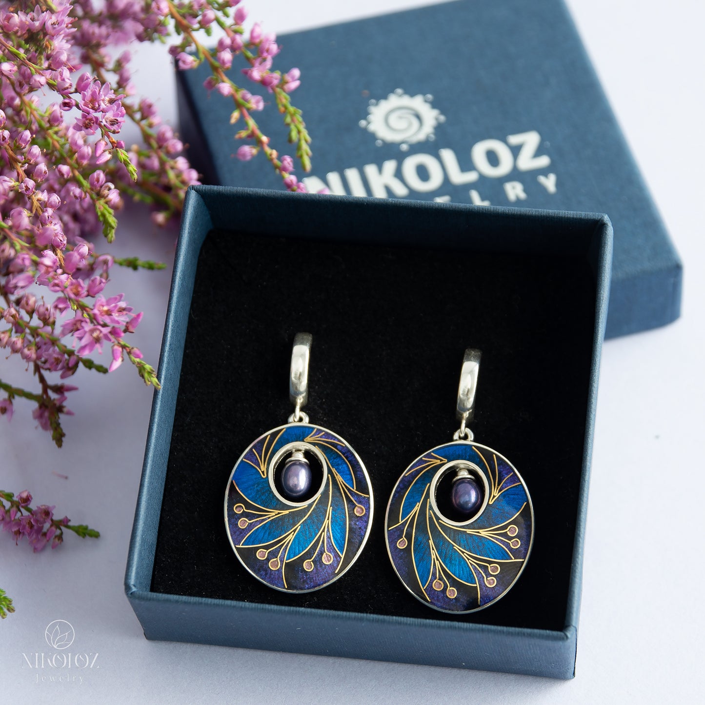 Dark Cloisonné Enamel Earrings With Peacock Pearls