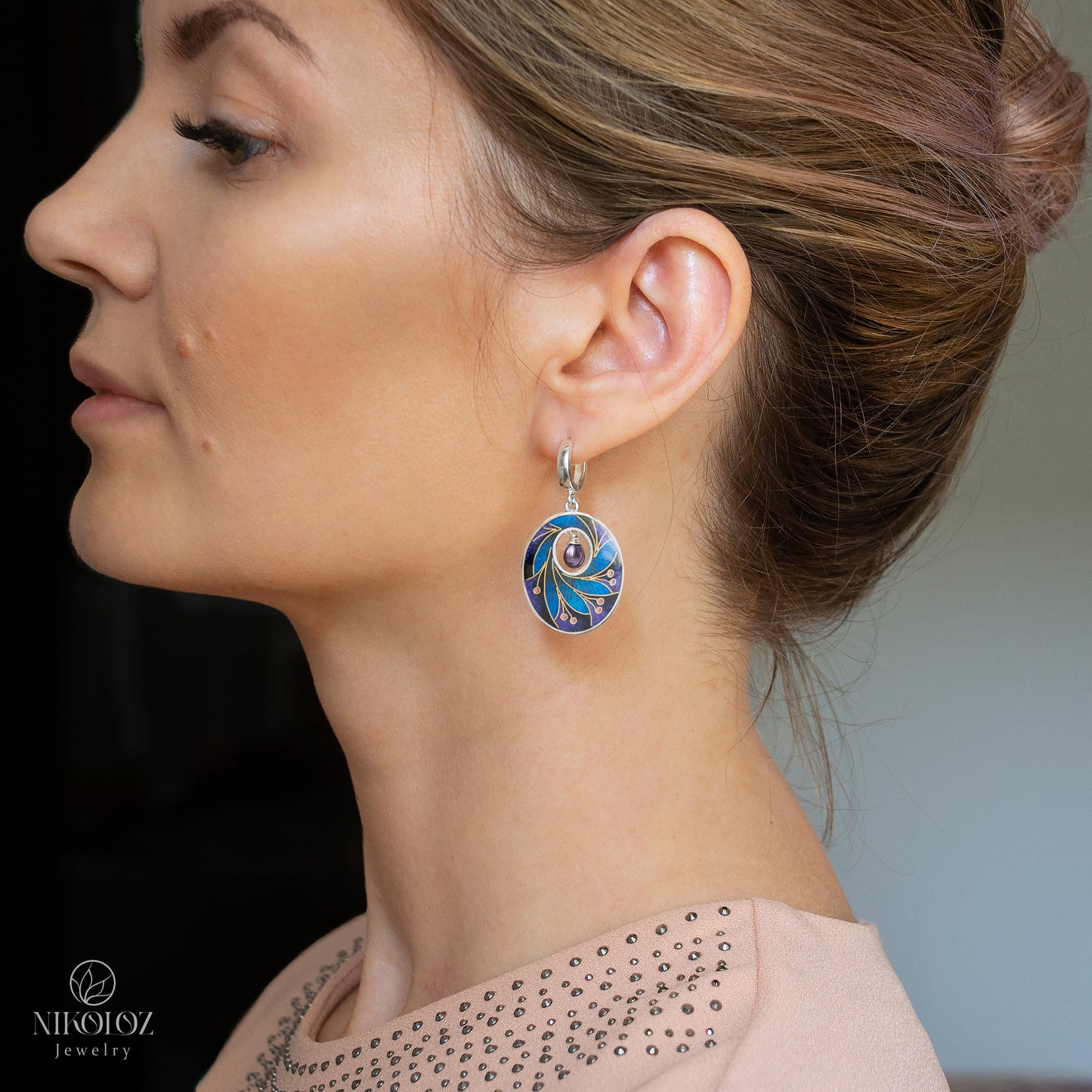 Dark Cloisonné Enamel Earrings With Peacock Pearls