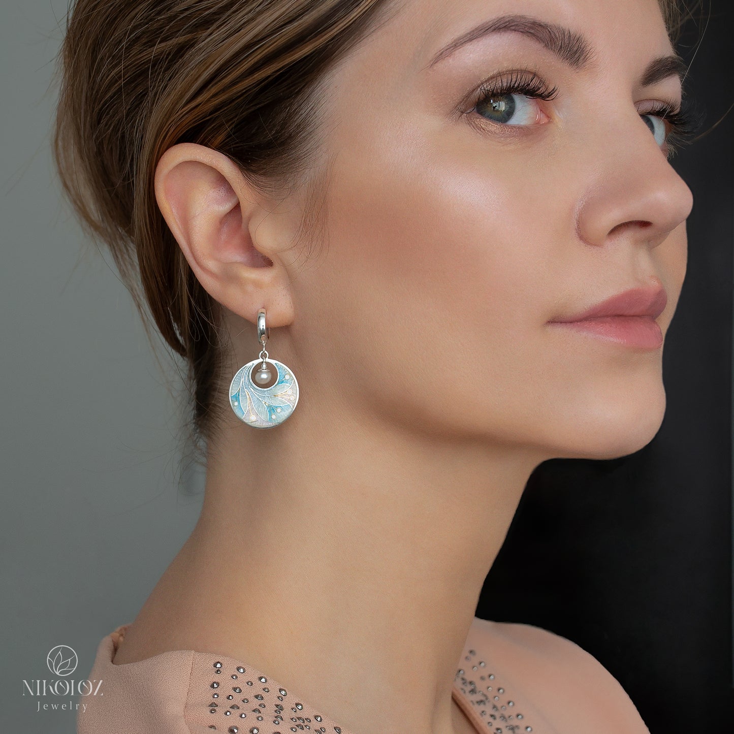 Pastel Colors Cloisonne Enamel Earrings With White freshwater Pearls