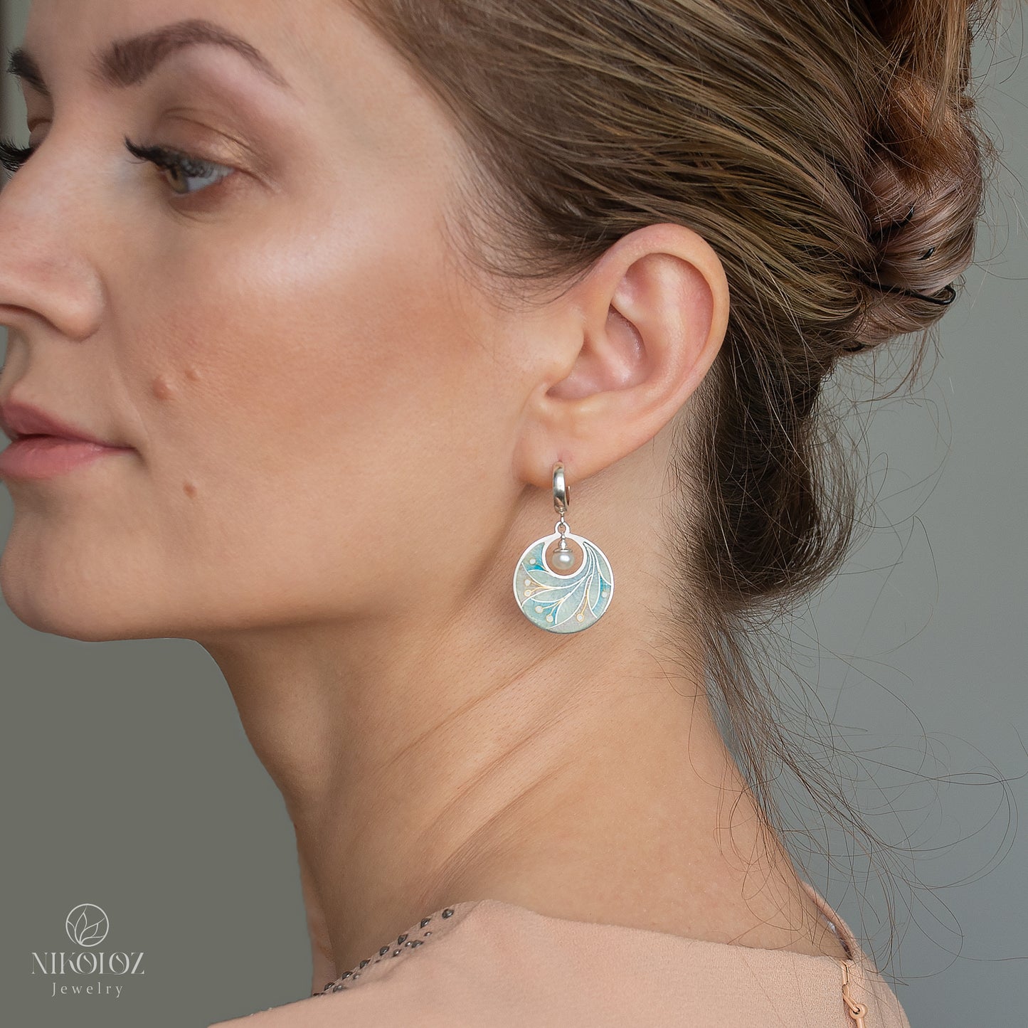 Pastel Colors Cloisonne Enamel Earrings With White freshwater Pearls