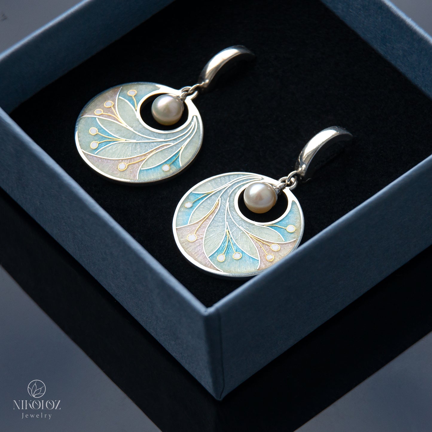 Pastel Colors Cloisonne Enamel Earrings With White freshwater Pearls