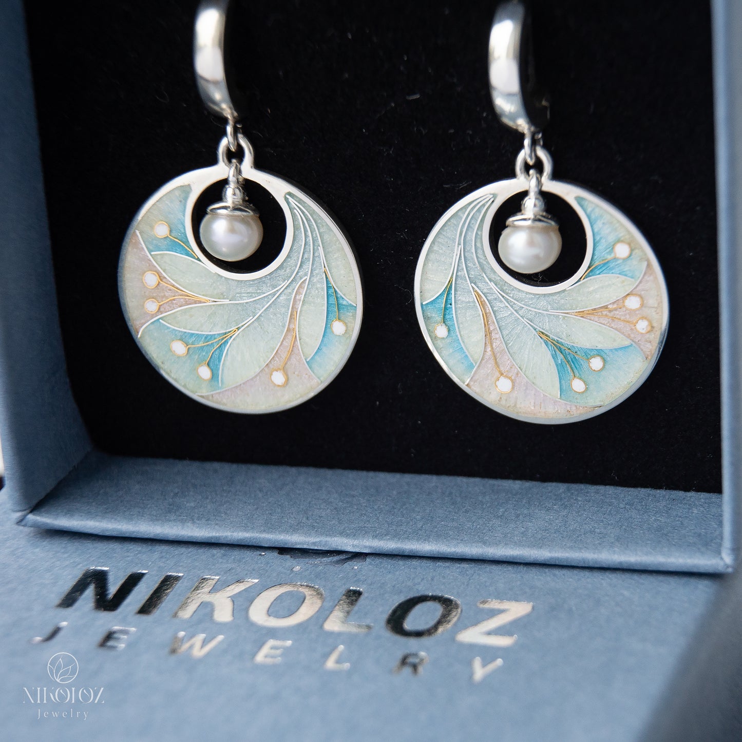 Pastel Colors Cloisonne Enamel Earrings With White freshwater Pearls