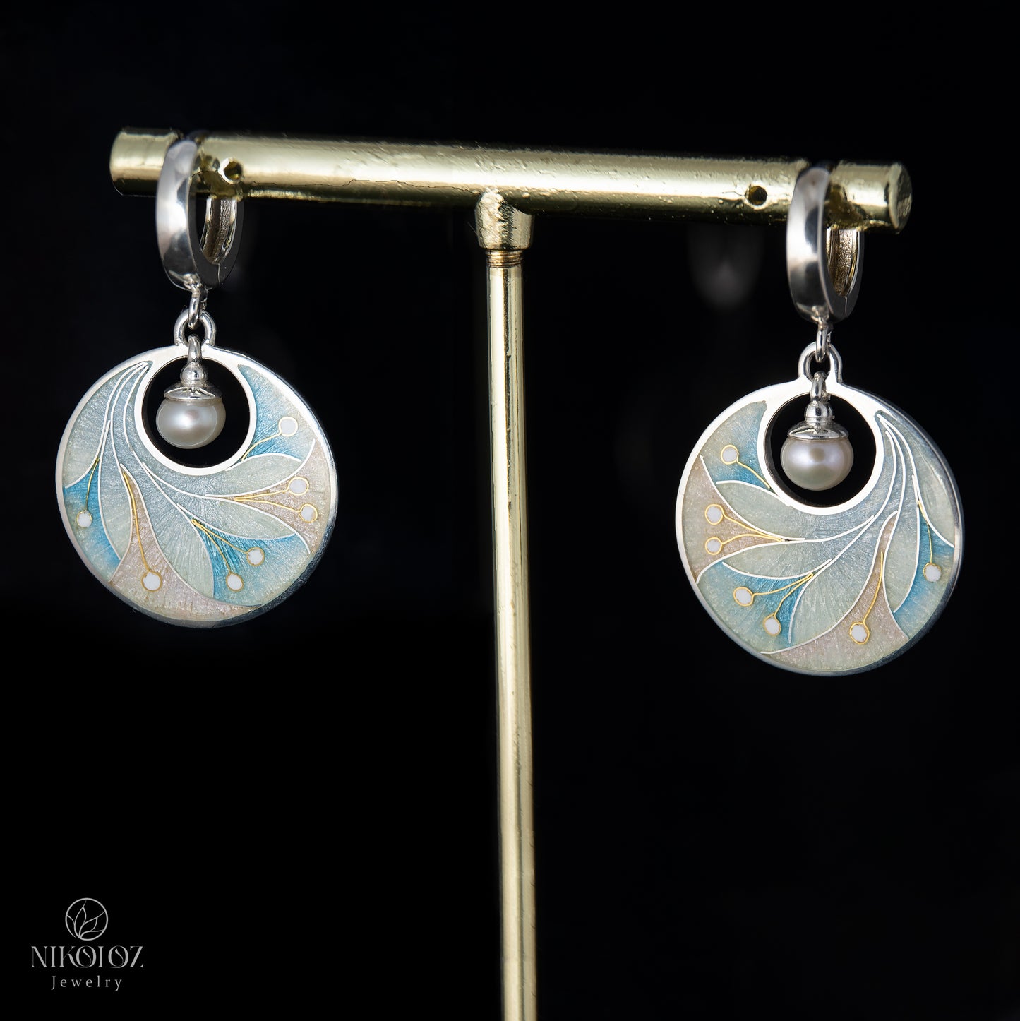 Pastel Colors Cloisonne Enamel Earrings With White freshwater Pearls