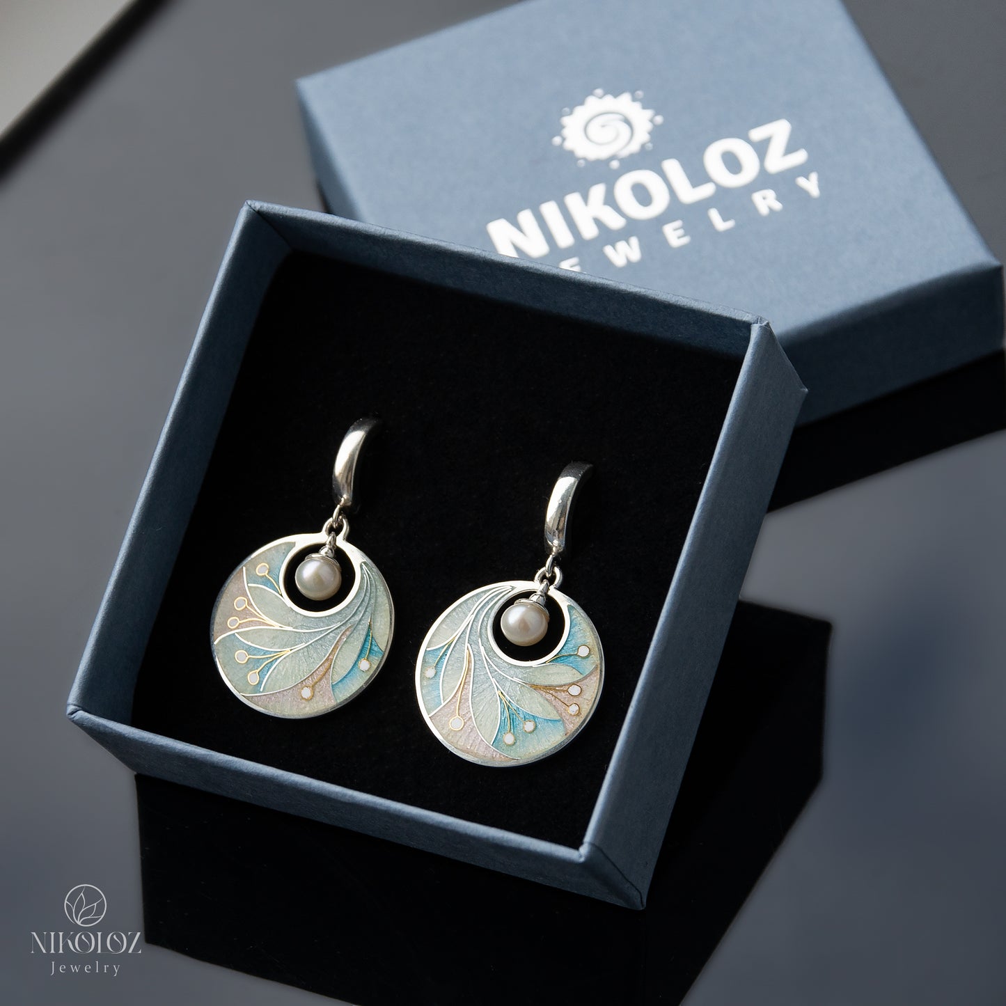 Pastel Colors Cloisonne Enamel Earrings With White freshwater Pearls