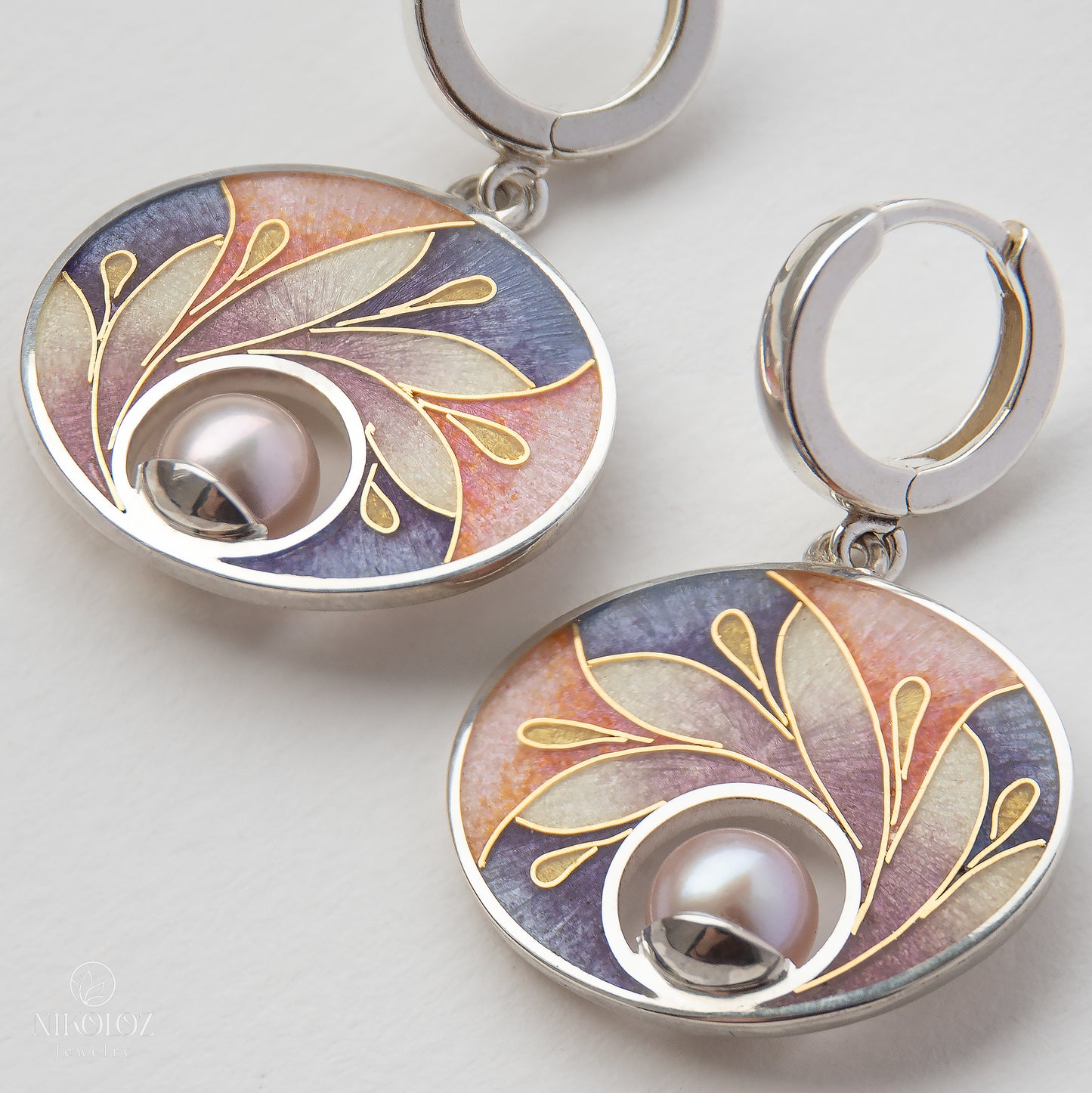 Cloisonné Enamel, Sterling Silver, 24k Gold Earrings With Natural Rose Pearls