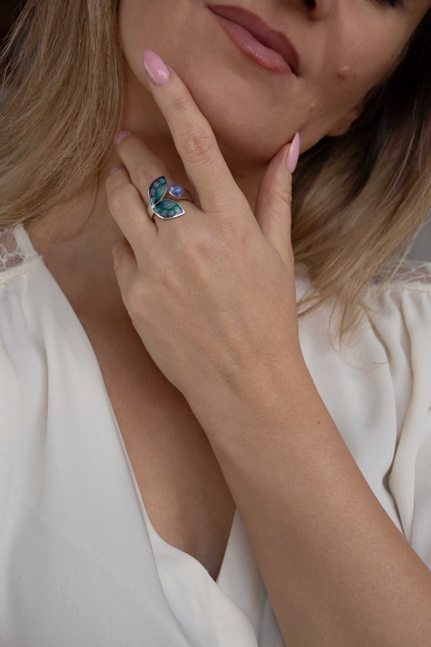 Cloisonne Enamel Open Ring With Stone, 4 Options