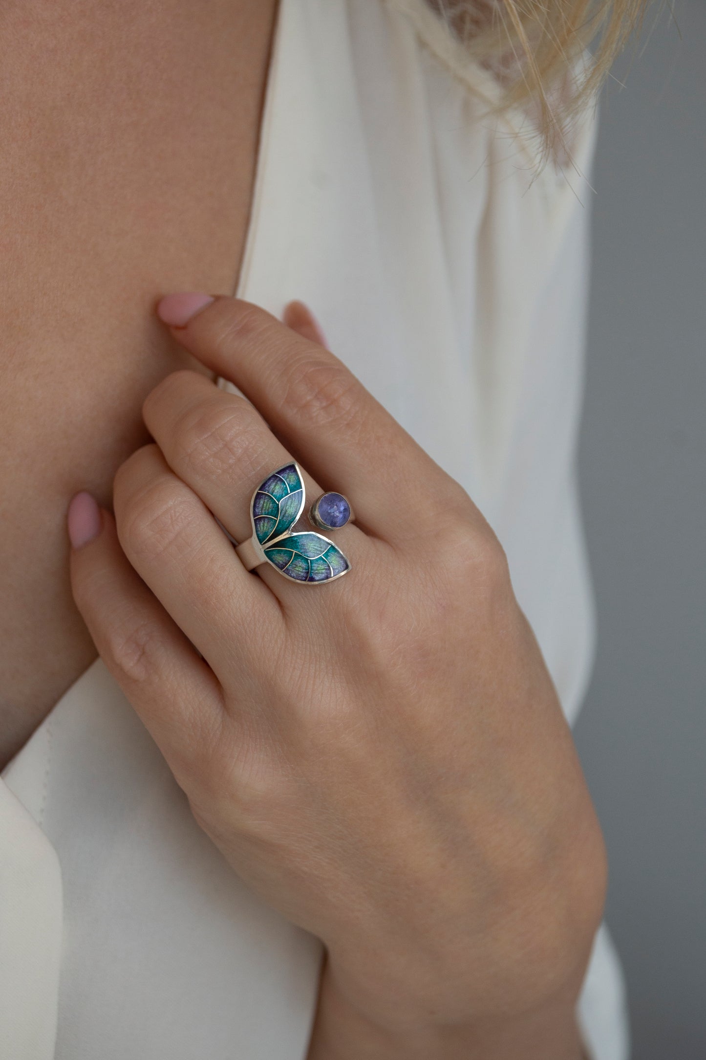 Cloisonne Enamel Open Ring With Stone, 4 Options