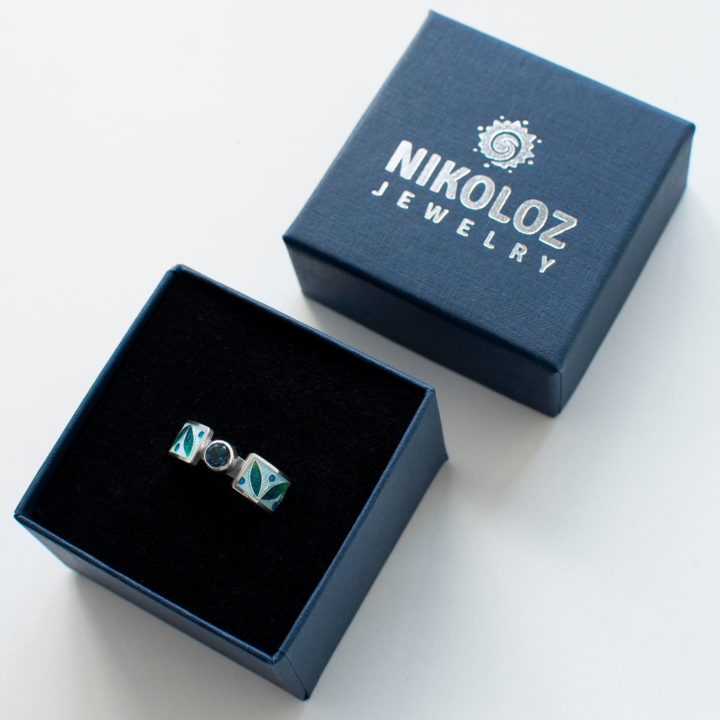 Cloisonné Enamel Ring with London Blue Topaz, Leaf Motif