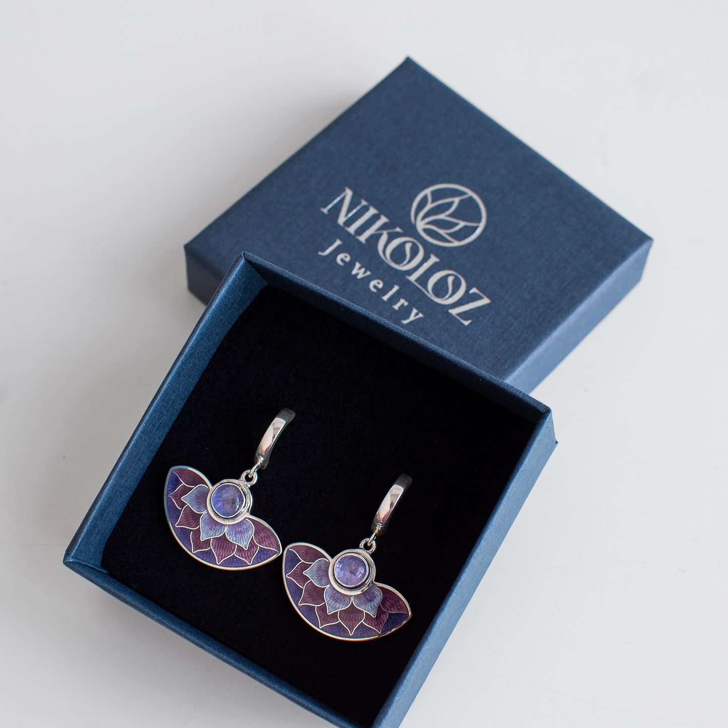 Cloisonne Enamel Silver Earrings With Tanzanite Stones