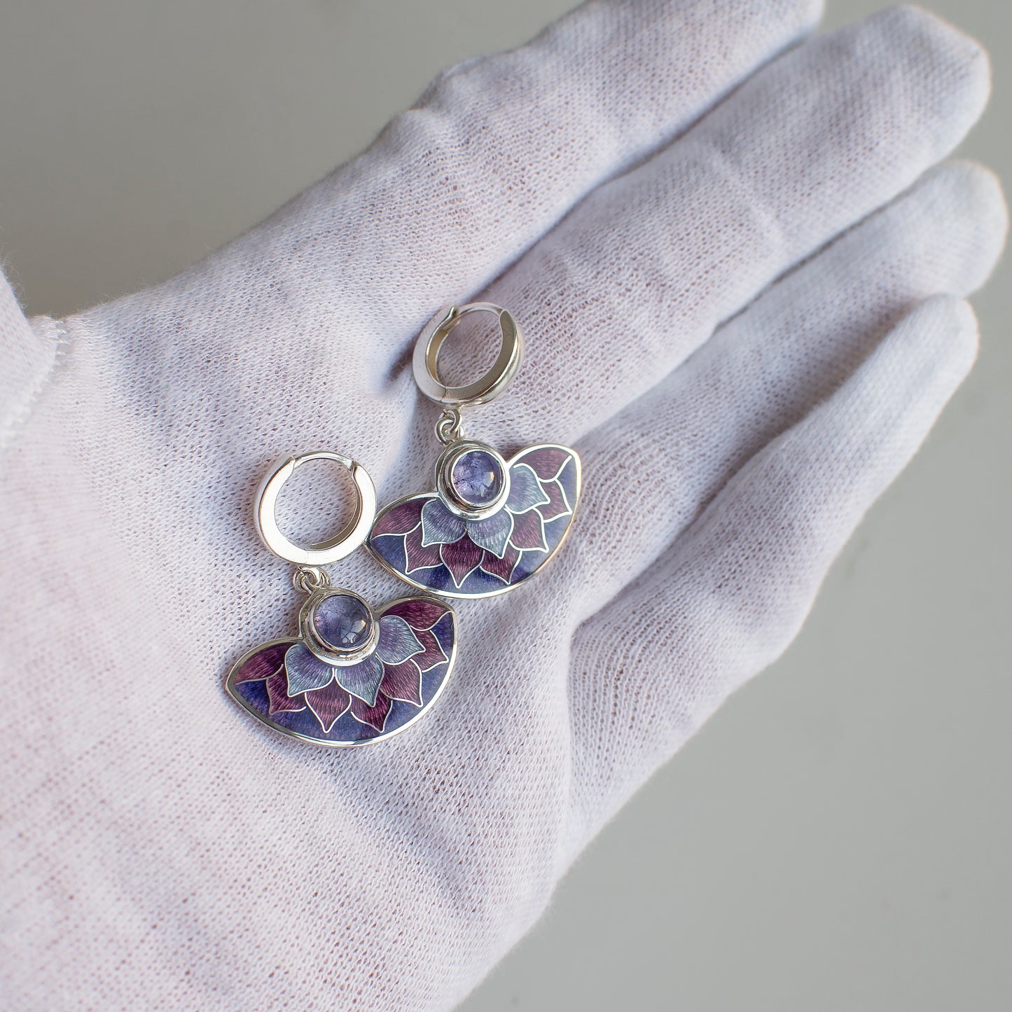 Cloisonne Enamel Silver Earrings With Tanzanite Stones