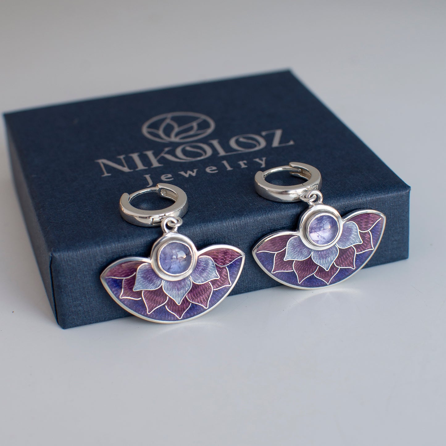 Cloisonne Enamel Silver Earrings With Tanzanite Stones