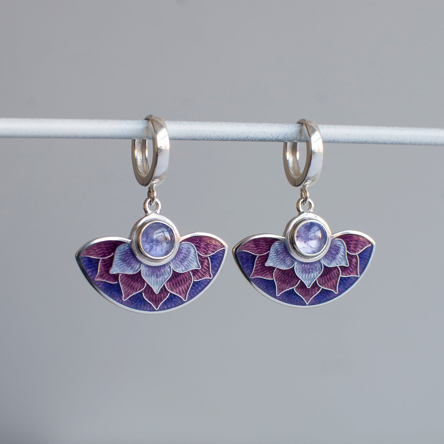 Cloisonne Enamel Silver Earrings With Tanzanite Stones