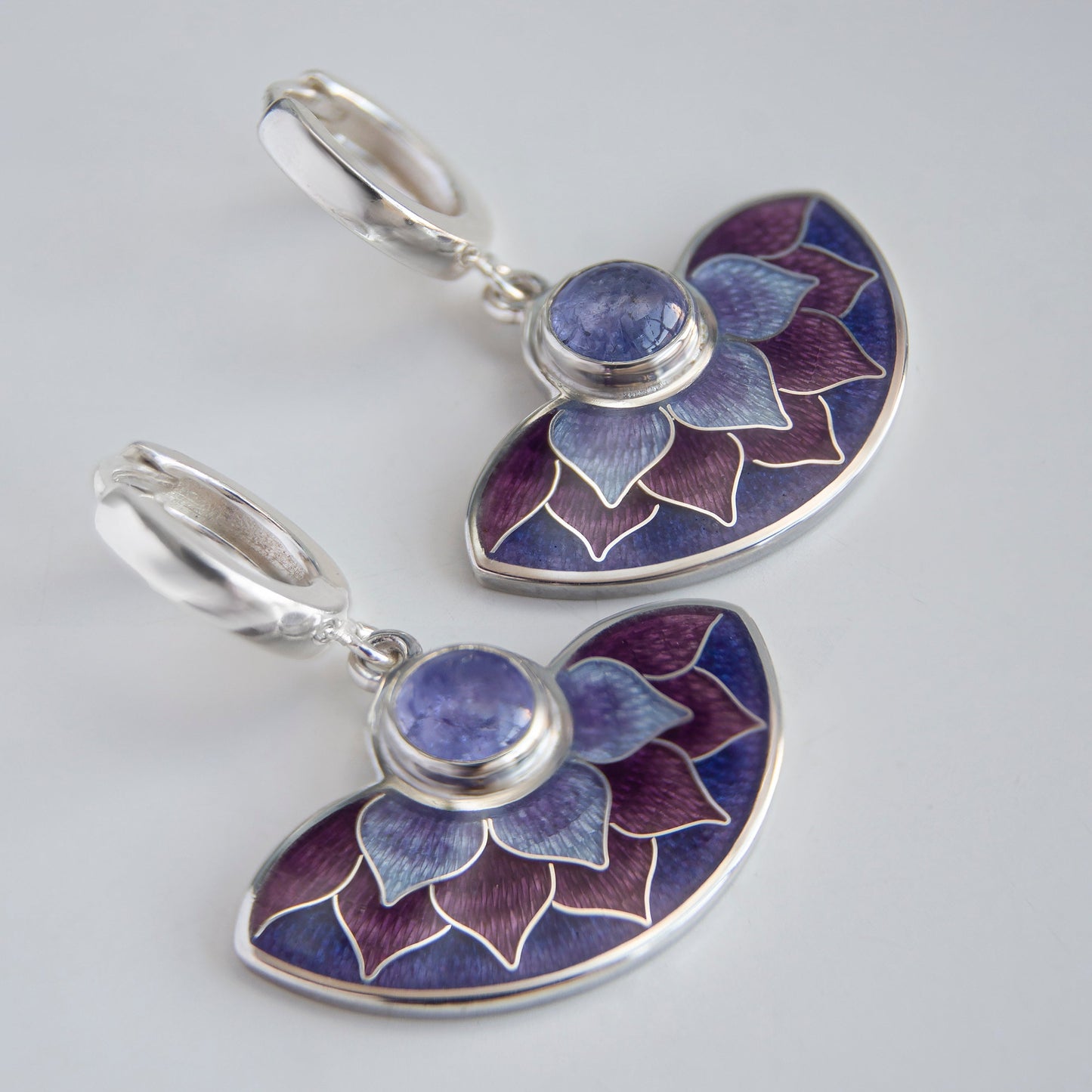 Cloisonne Enamel Silver Earrings With Tanzanite Stones