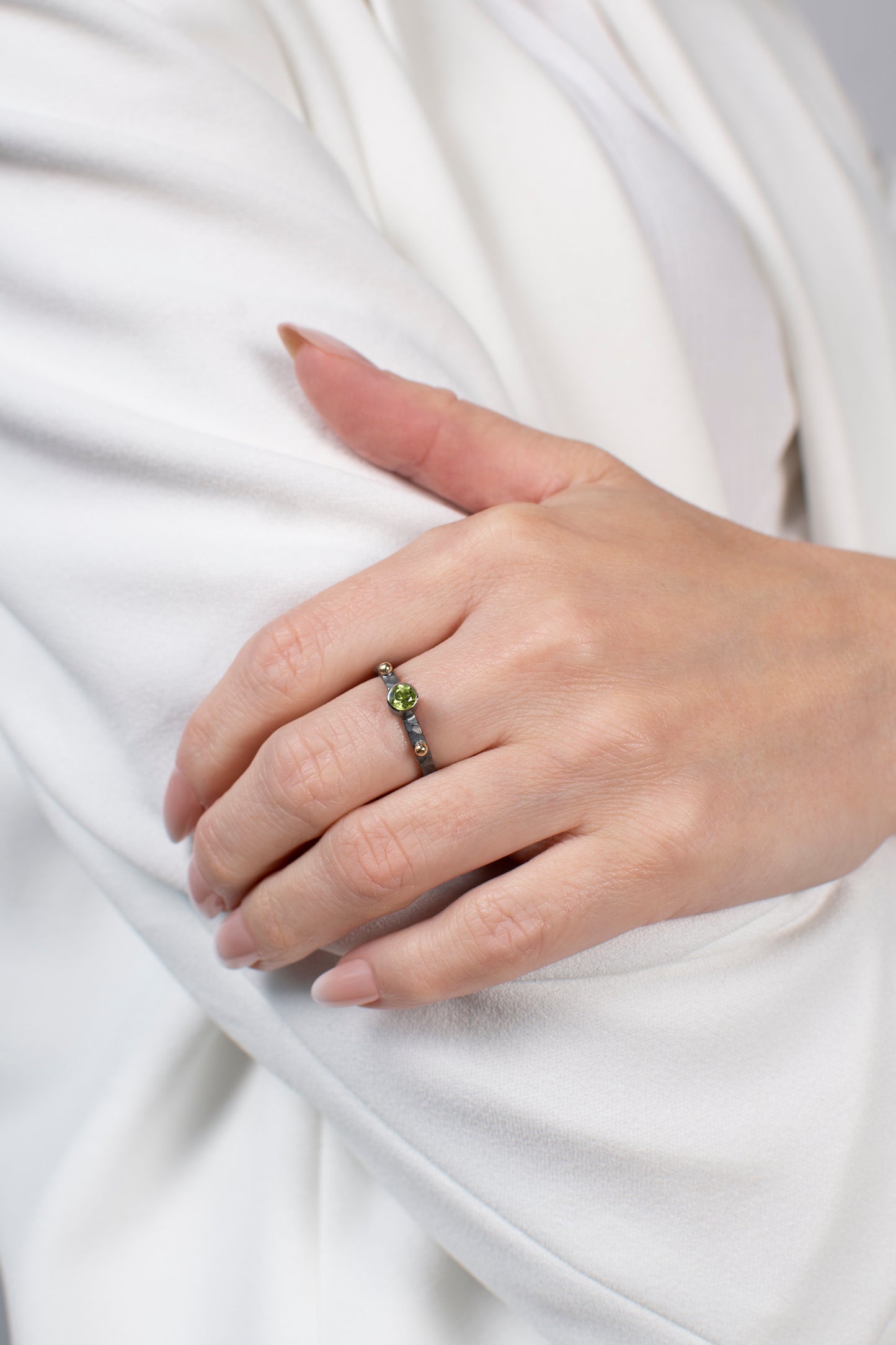 Olivine Sterling Silver Ring With 14K Gold Beads
