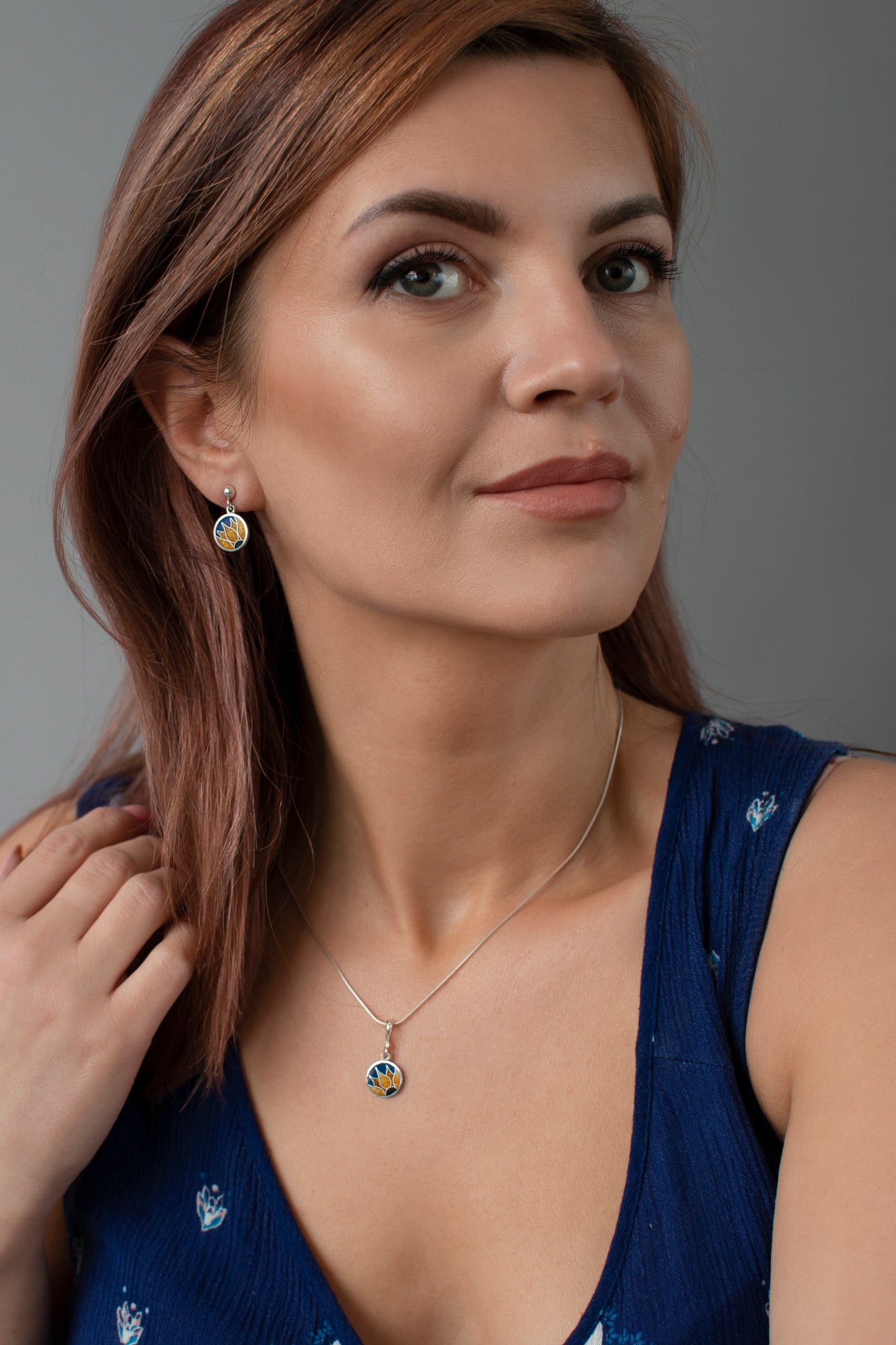 Sunflower Enamel Necklace and Earrings