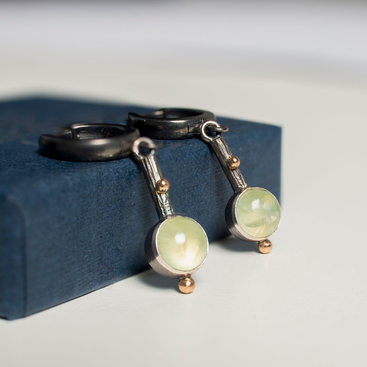 Prehnite Drop Earrings With Gold Beads And Cloisonne Enamel