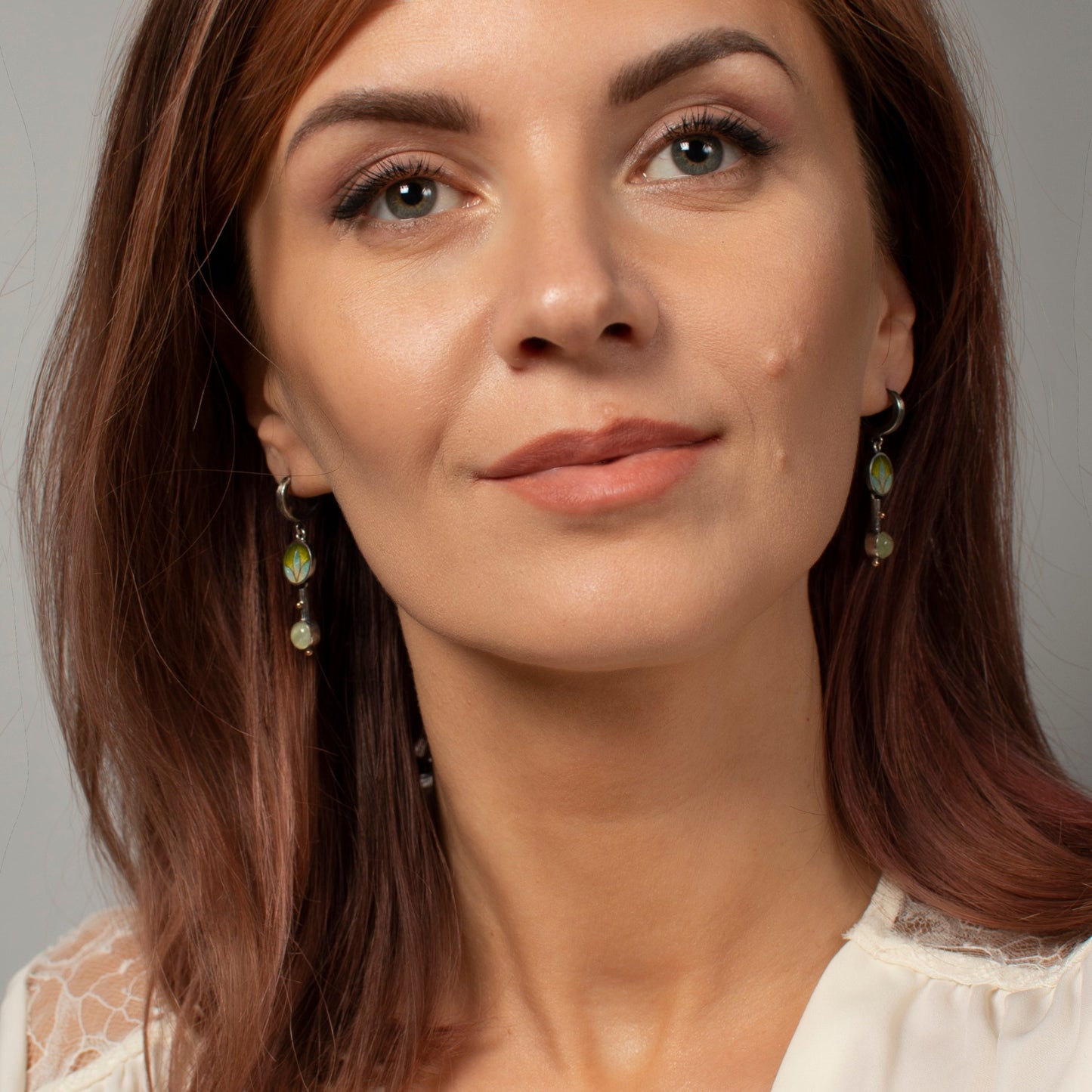 Prehnite Drop Earrings With Gold Beads And Cloisonne Enamel