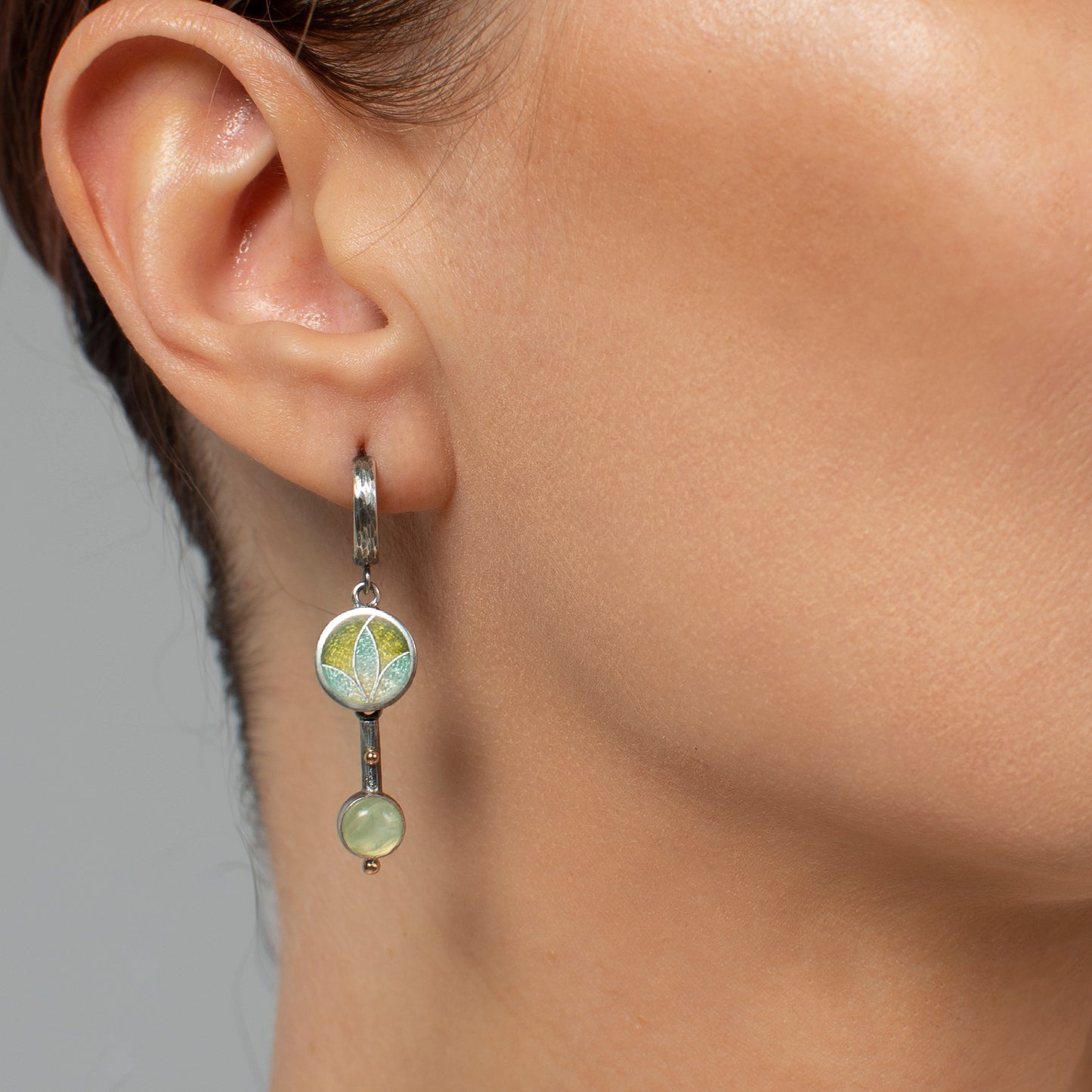 Prehnite Drop Earrings With Gold Beads And Cloisonne Enamel