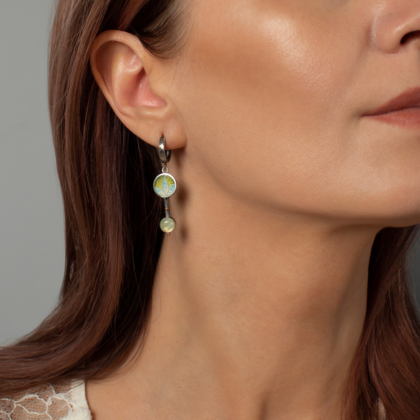 Prehnite Drop Earrings With Gold Beads And Cloisonne Enamel