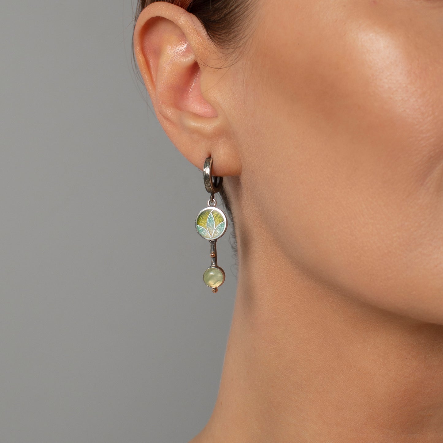 Prehnite Drop Earrings With Gold Beads And Cloisonne Enamel