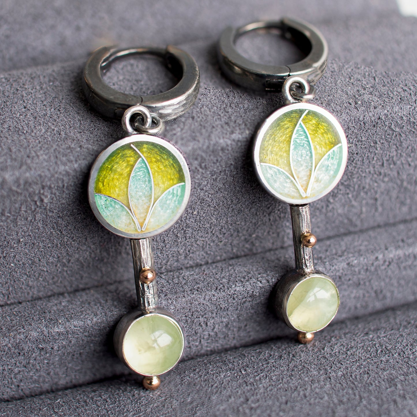 Prehnite Drop Earrings With Gold Beads And Cloisonne Enamel