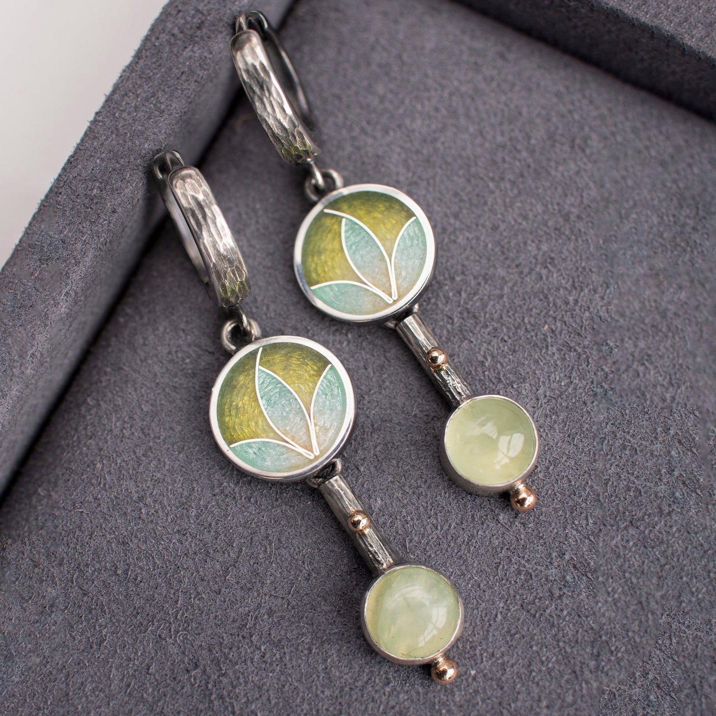 Prehnite Drop Earrings With Gold Beads And Cloisonne Enamel