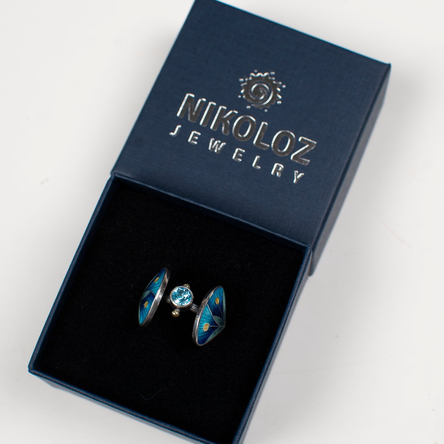 Cloisonné Enamel Ring with Rose Cut Topaz, Blue Double Leaves Ring