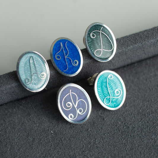 Initial Stud Earrings, Cloisonne Enamel And Sterling Silver Studs With Letters