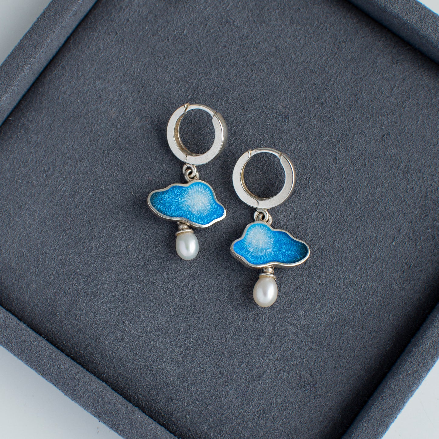 Cloud Raindrop Enamel Earrings With White Pearls