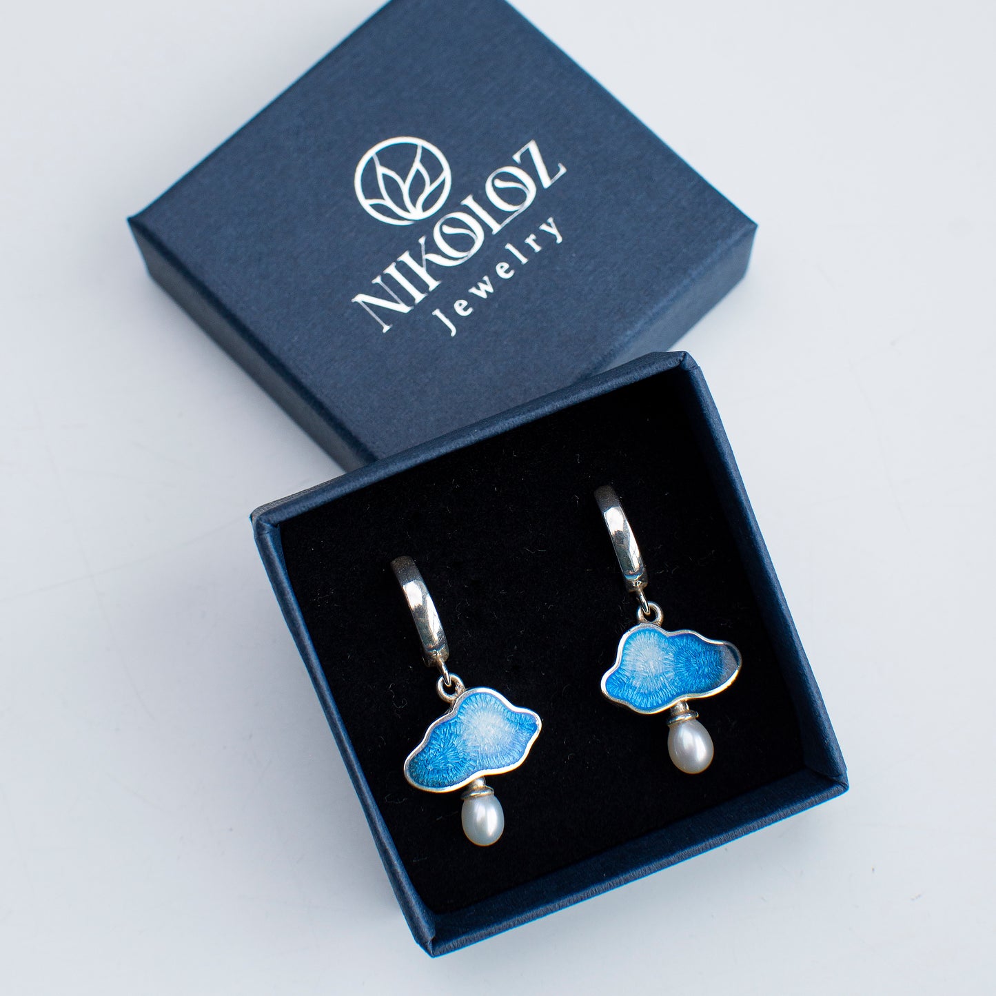 Cloud Raindrop Enamel Earrings With White Pearls