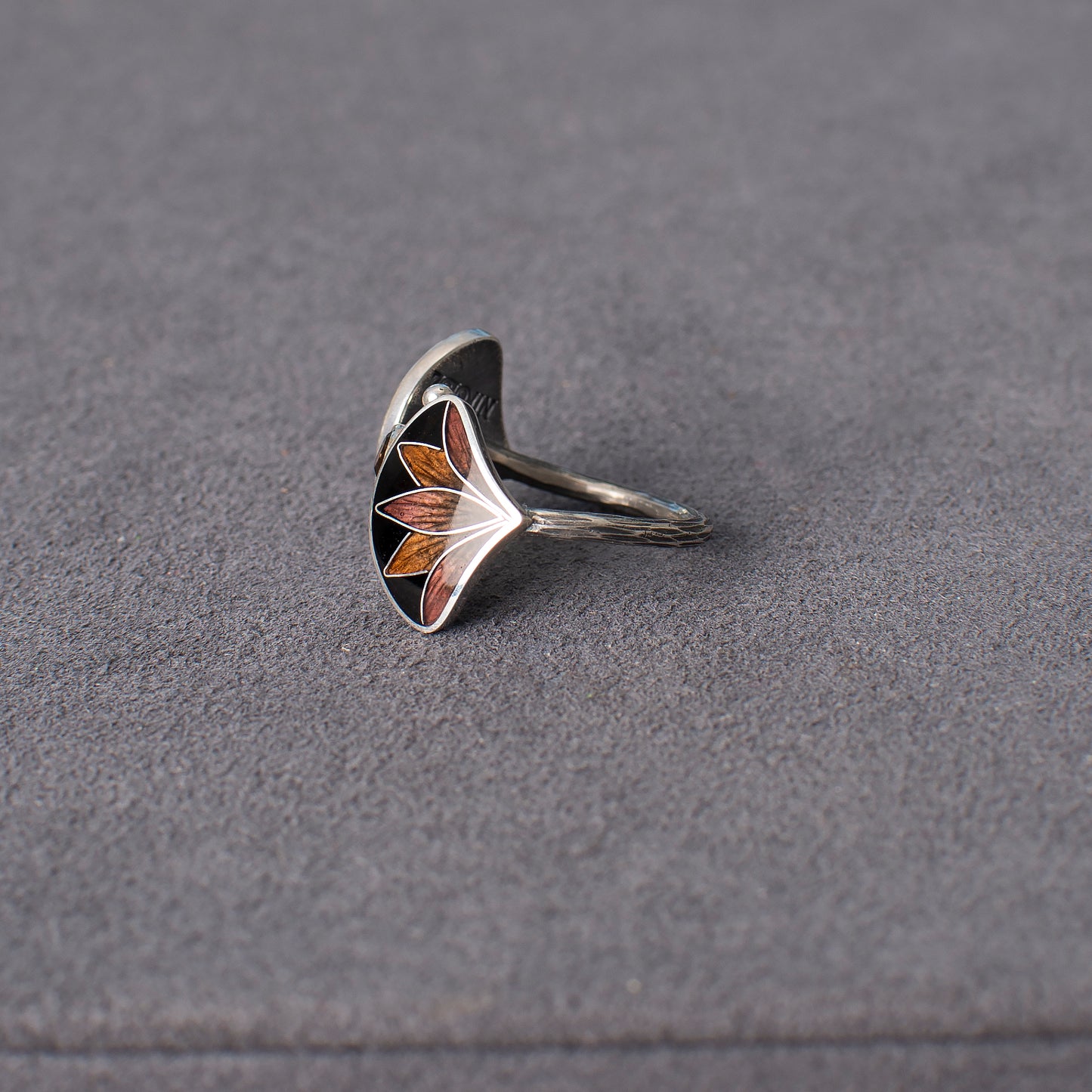 Smoky Quartz Cloisonne Enamel Ring, Sterling Silver Boho Ring