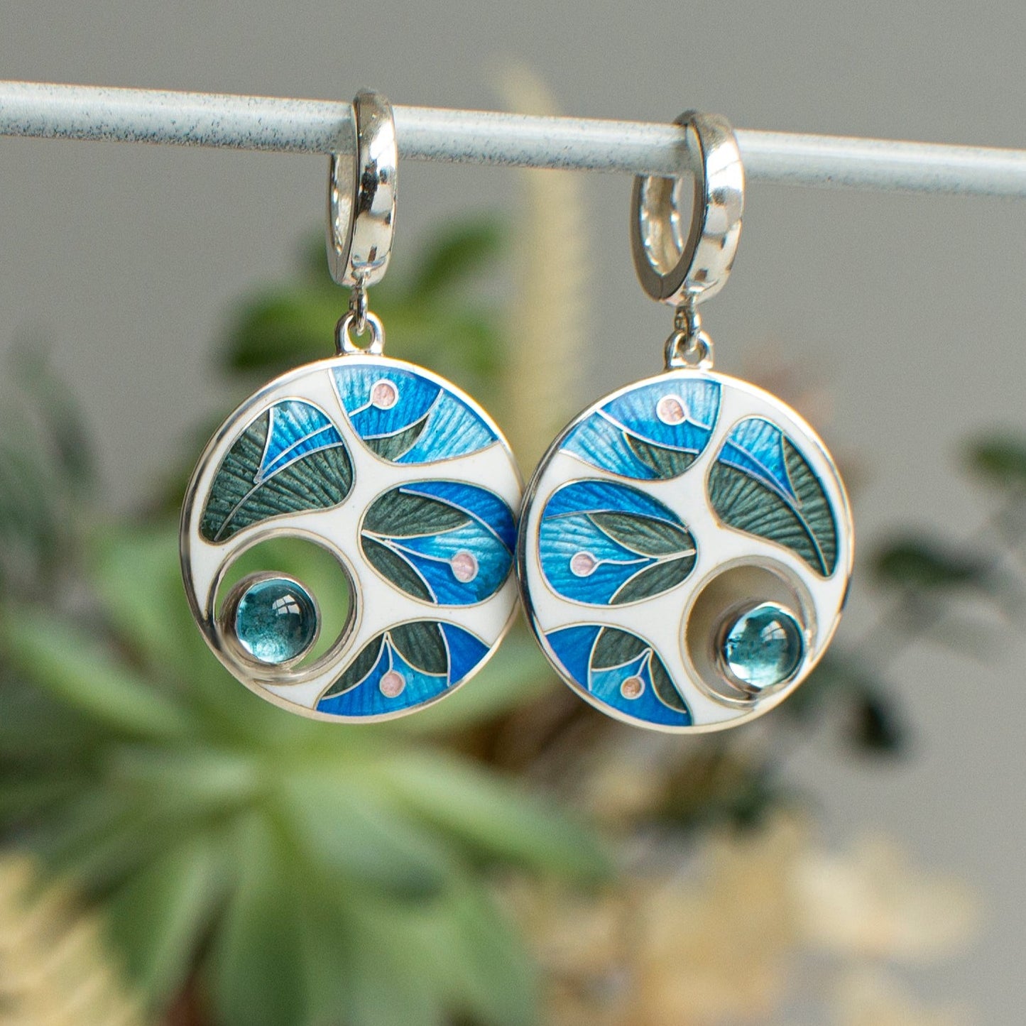 Cloisonné Enamel And Sterling Silver Earrings With Topaz Gemstones