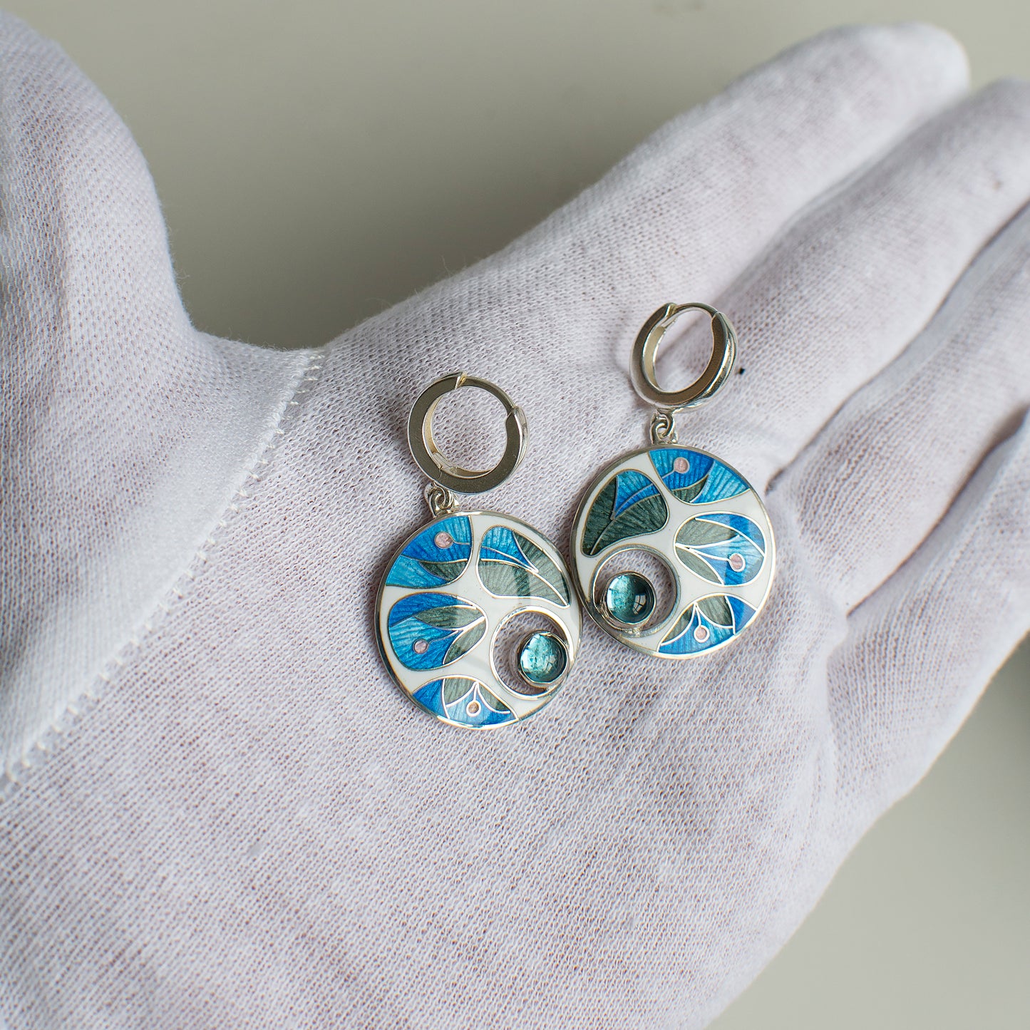 Cloisonné Enamel And Sterling Silver Earrings With Topaz Gemstones