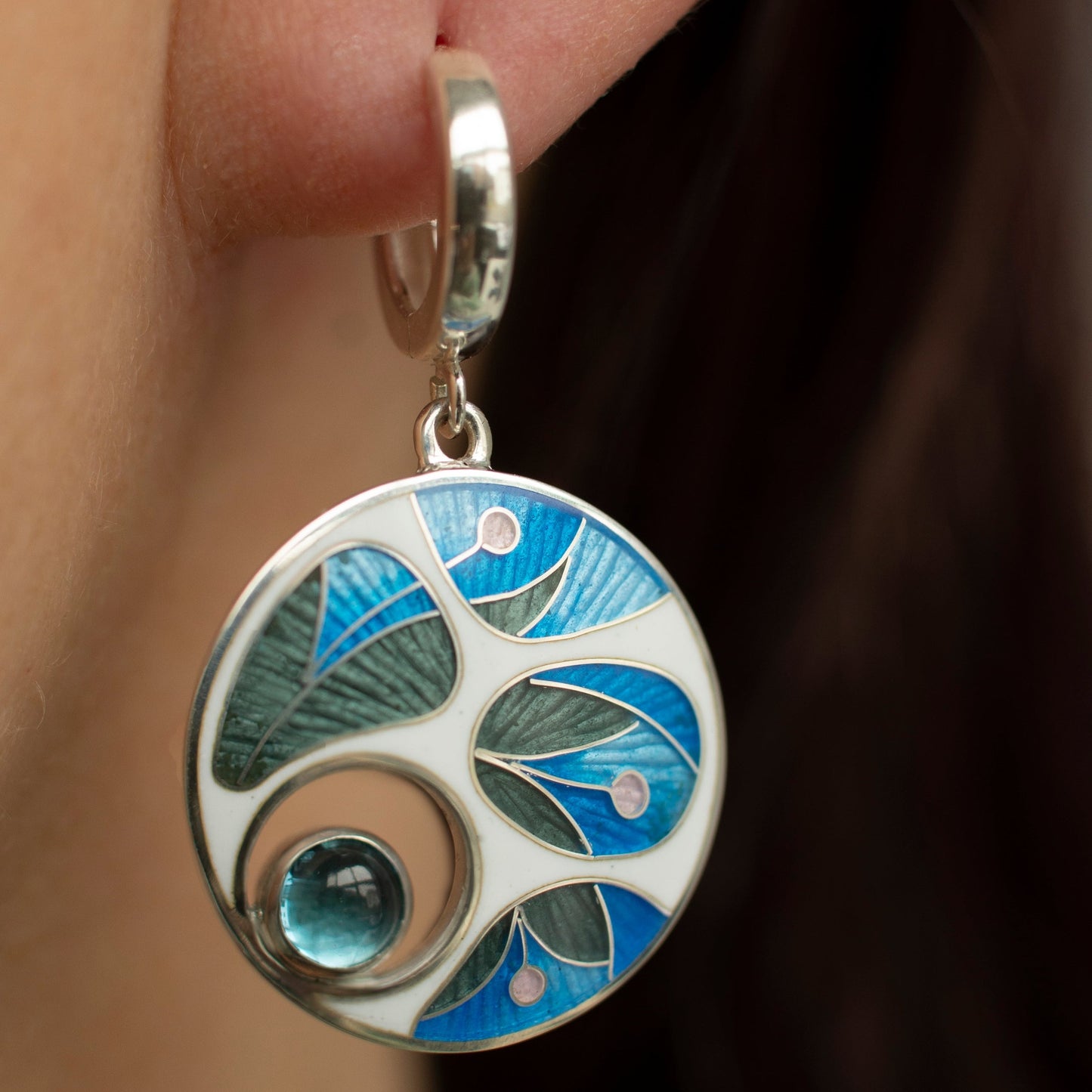 Cloisonné Enamel And Sterling Silver Earrings With Topaz Gemstones