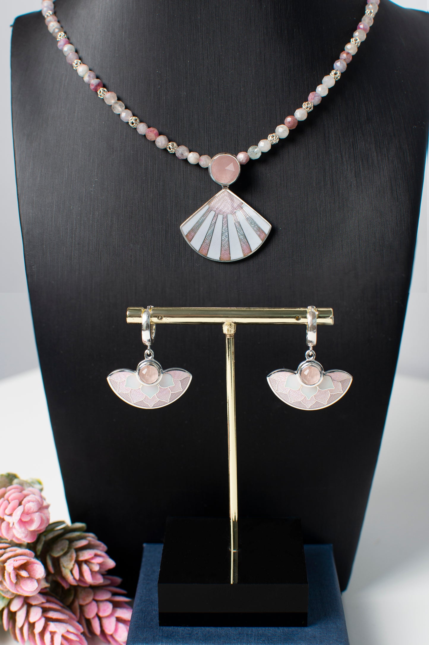 Cloisonne Enamel Pendant With Rose Quartz And Tourmaline Necklace