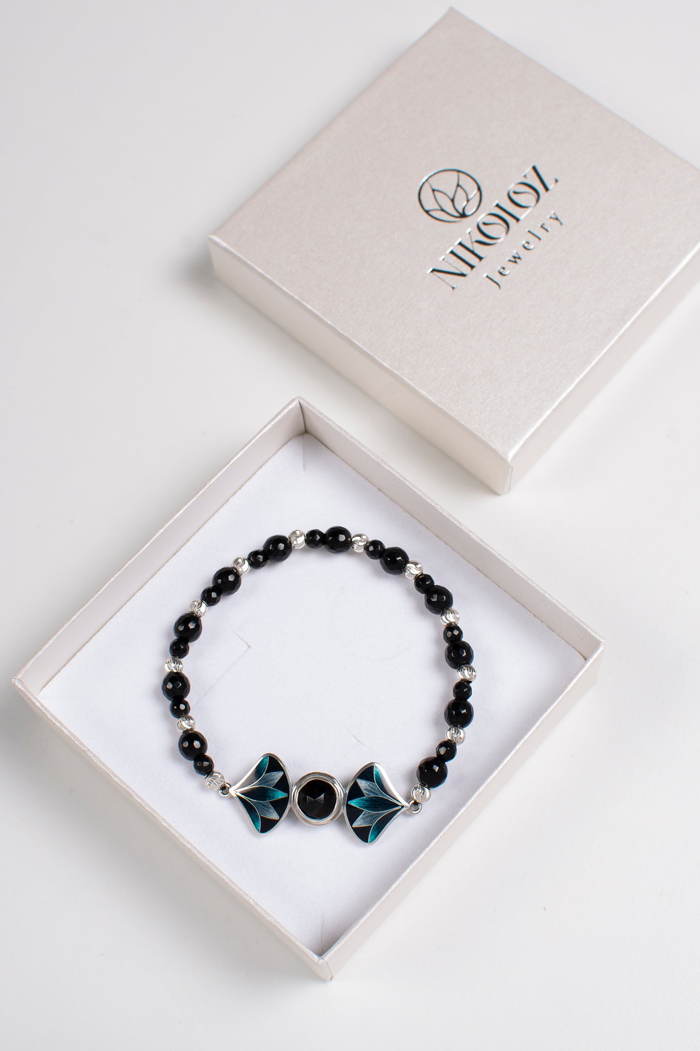 Black Onyx Beaded Elastic Bracelet With Cloisonne Enamel Silver Accents