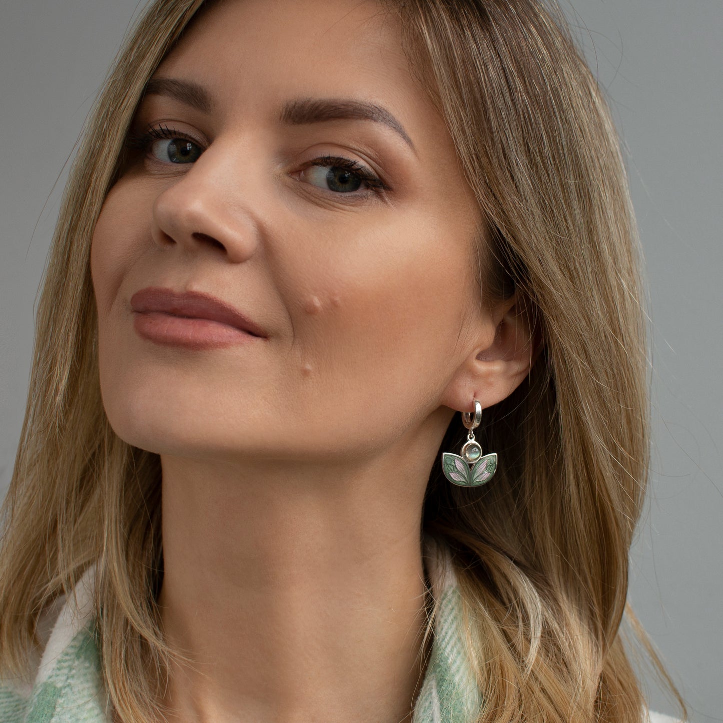 Leaves Shaped Earrings With Labradorite, Cloisonne Enamel Earrings