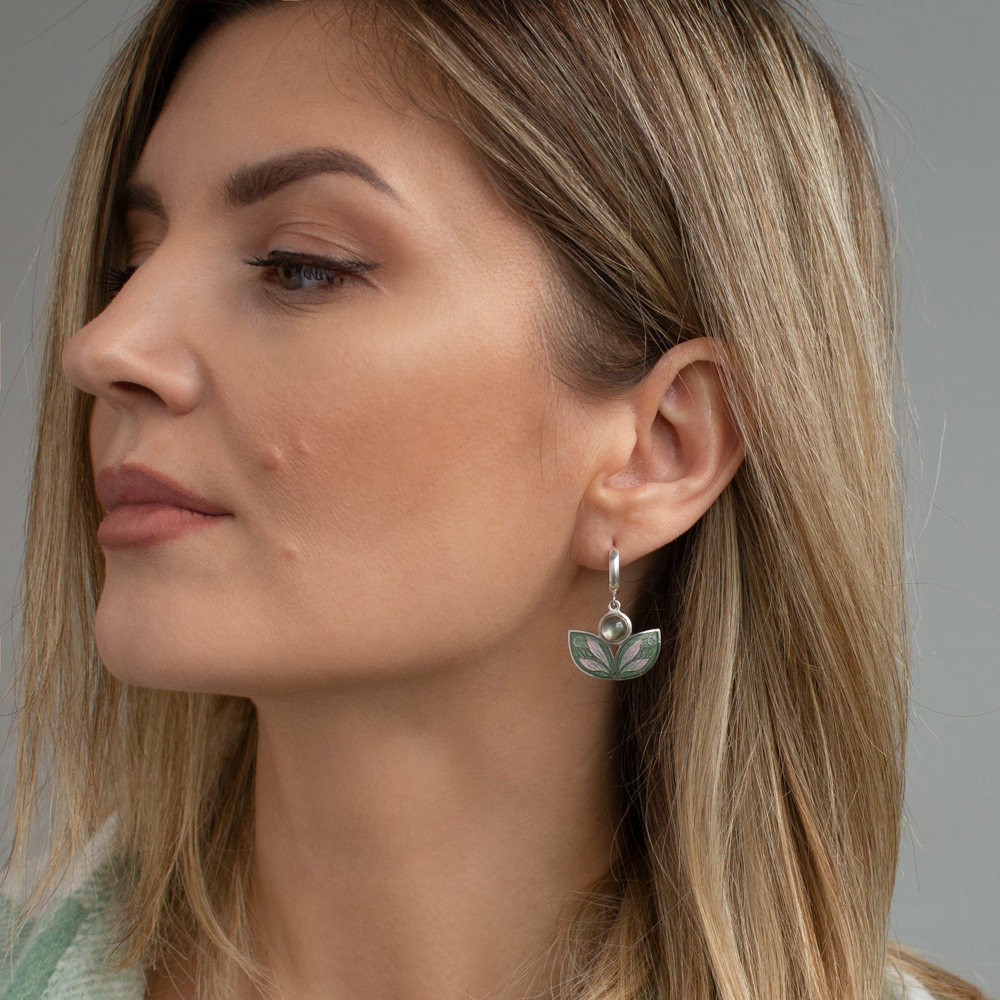 Leaves Shaped Earrings With Labradorite, Cloisonne Enamel Earrings