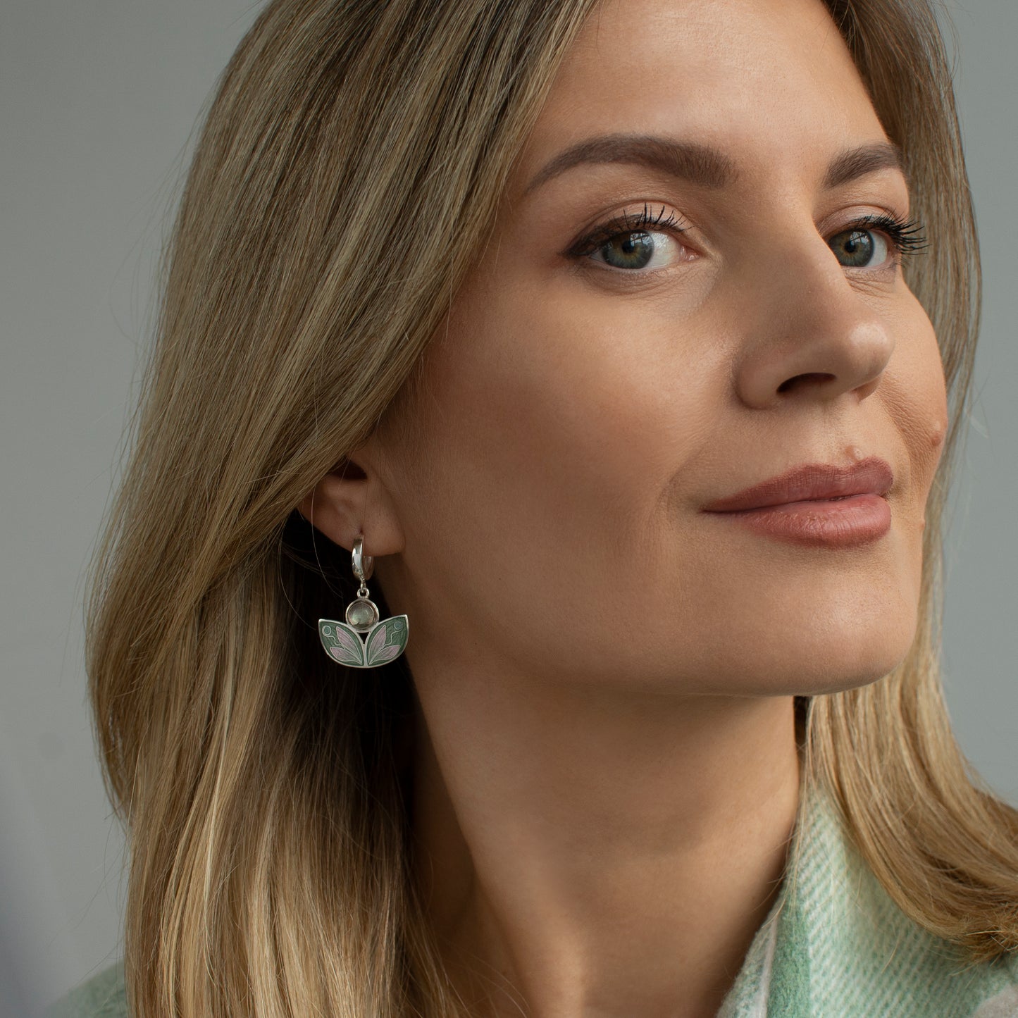 Leaves Shaped Earrings With Labradorite, Cloisonne Enamel Earrings