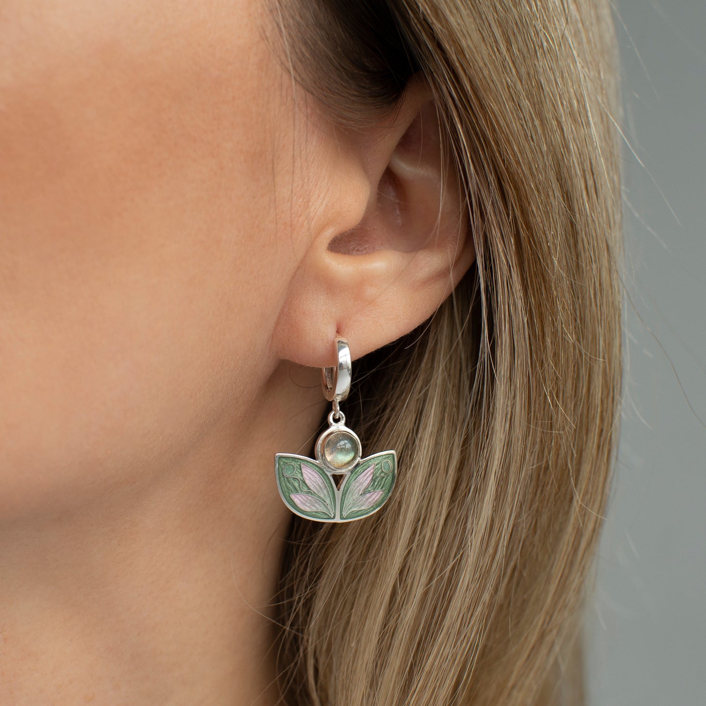 Leaves Shaped Earrings With Labradorite, Cloisonne Enamel Earrings