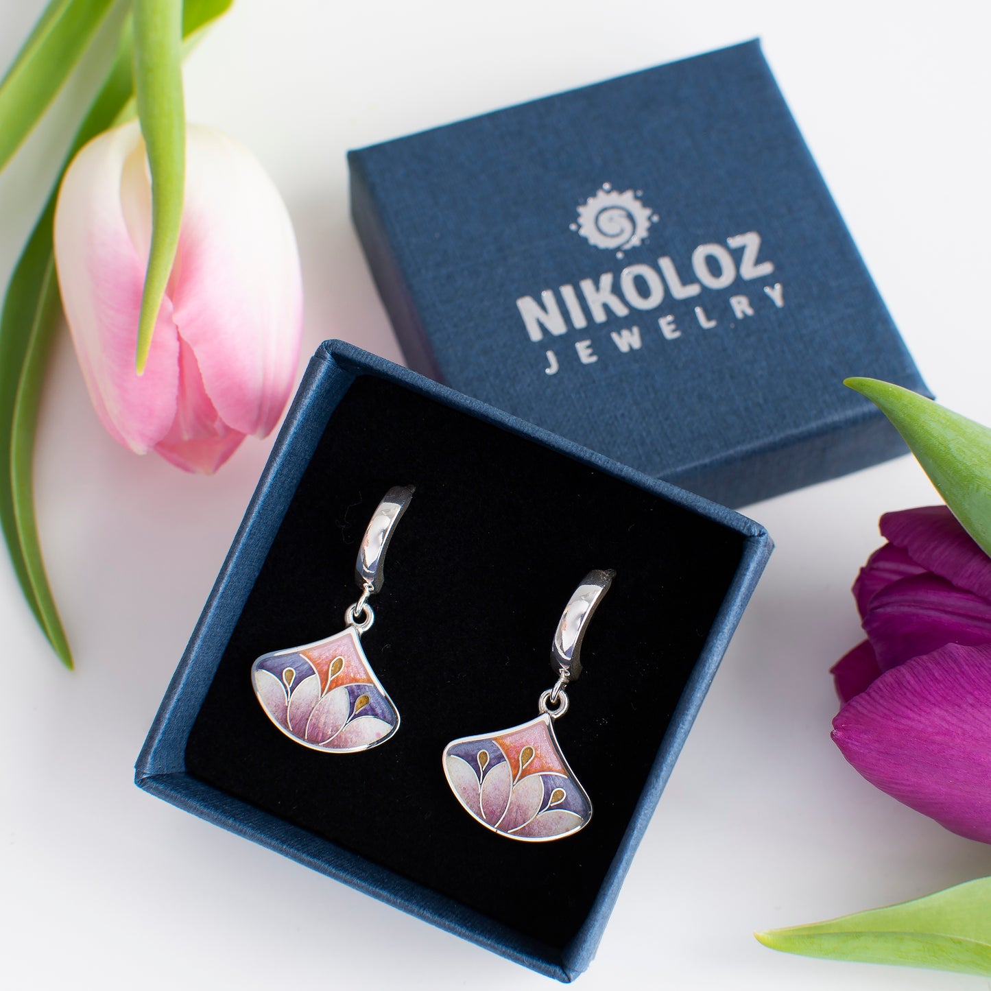 Purple Pink Cloisonne Enamel Drop Earrings