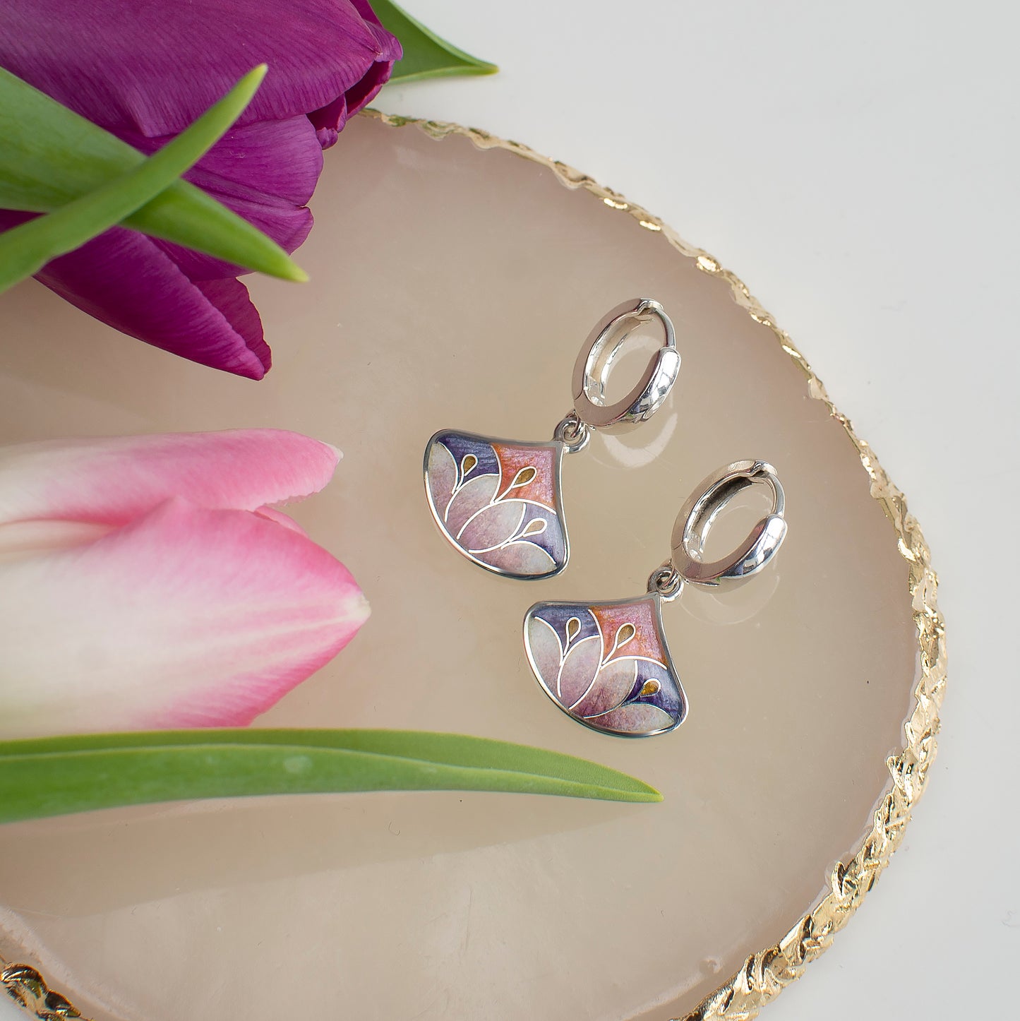 Purple Pink Cloisonne Enamel Drop Earrings