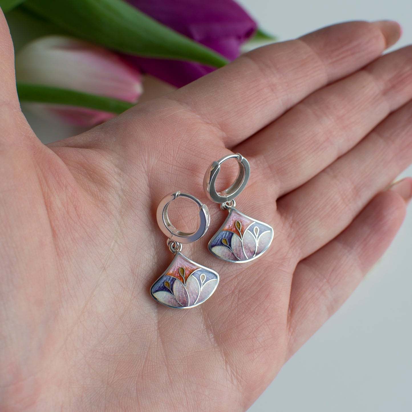 Purple Pink Cloisonne Enamel Drop Earrings