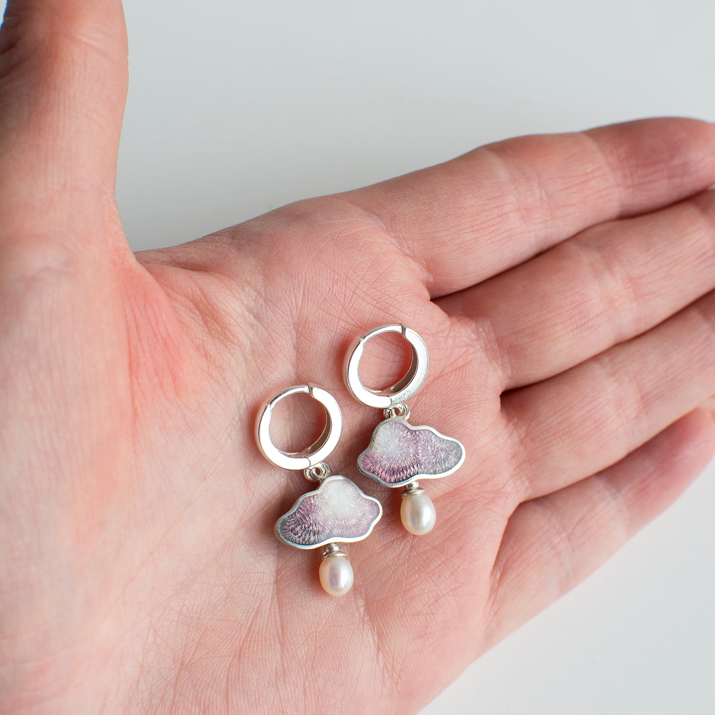 Cloud Raindrop Enamel Earrings With White Pearls