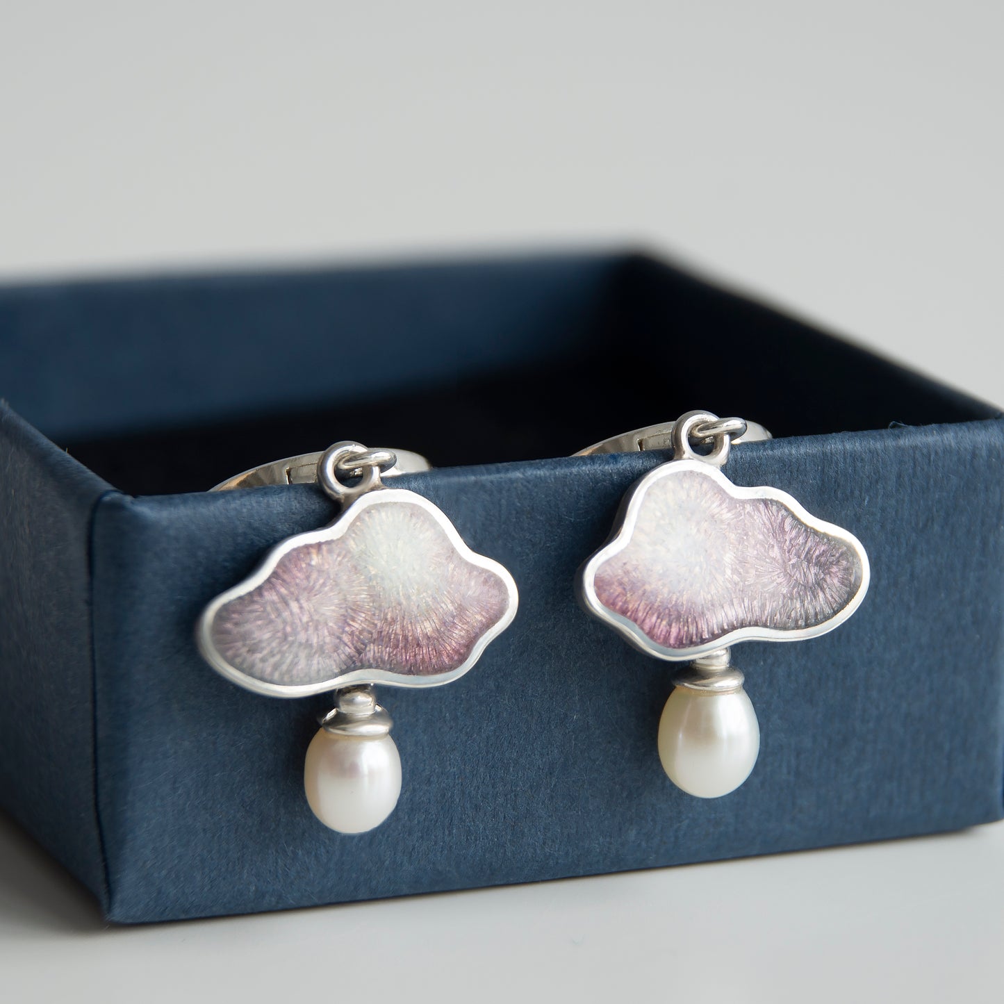 Cloud Raindrop Enamel Earrings With White Pearls
