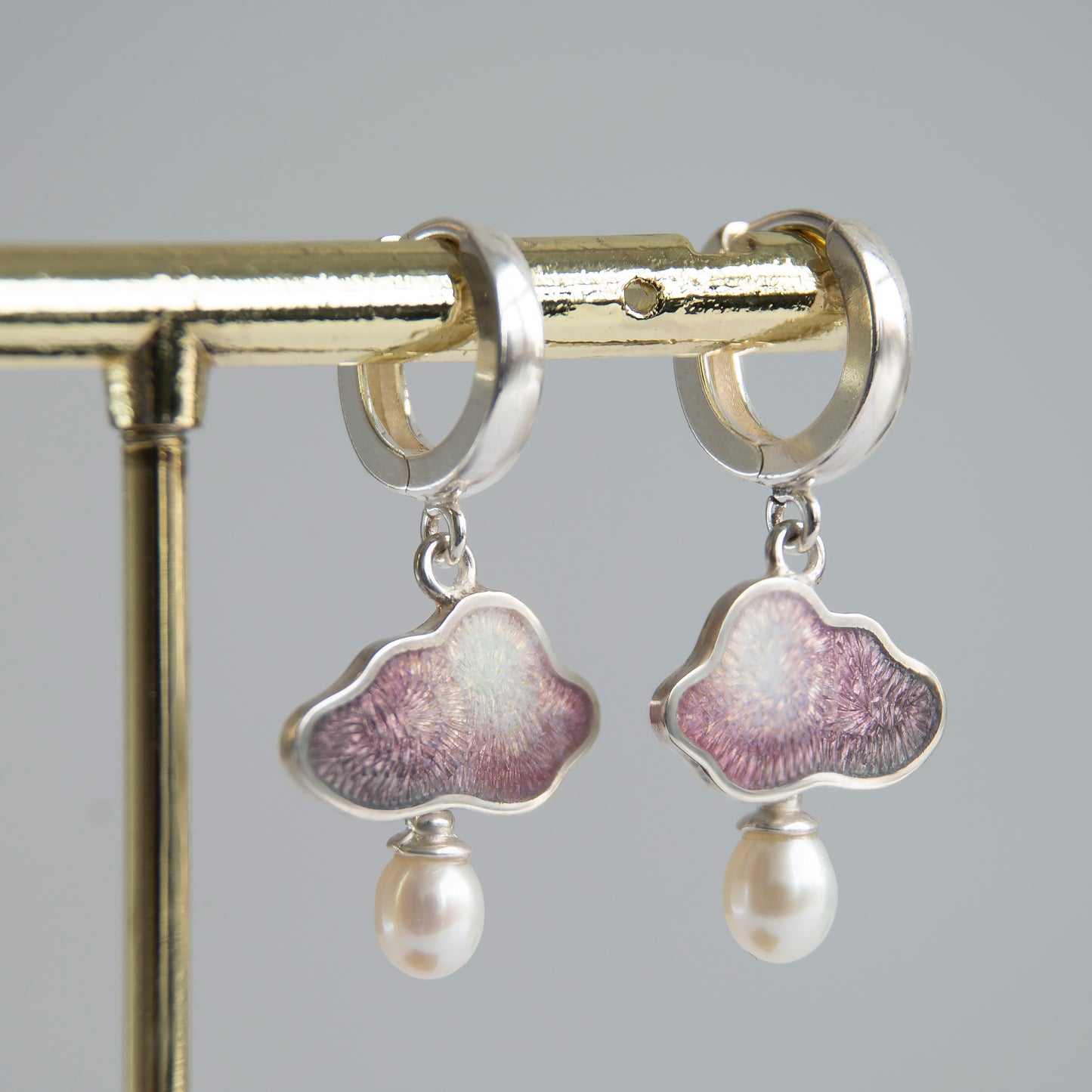 Cloud Raindrop Enamel Earrings With White Pearls