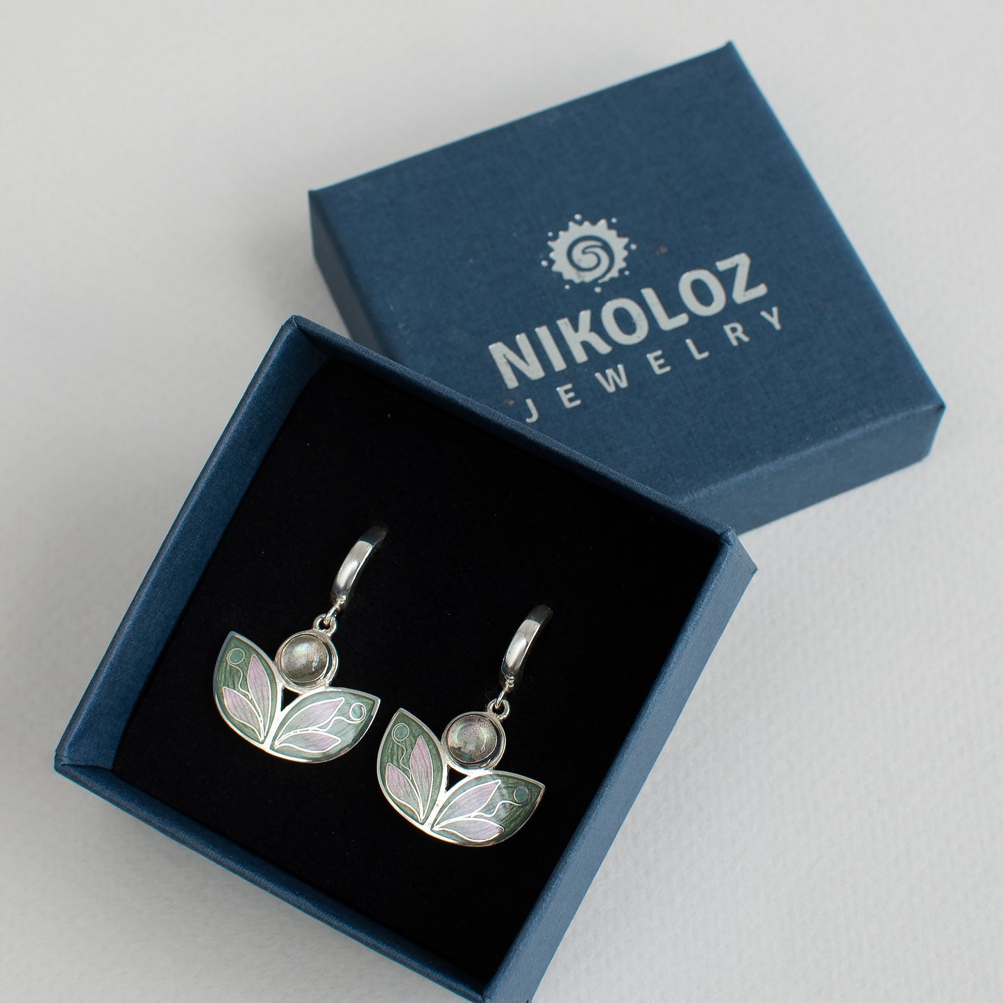 Leaves Shaped Earrings With Labradorite, Cloisonne Enamel Earrings